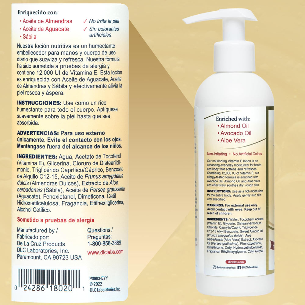 Loción De La Cruz Vitamina E, textura ligera, absorción rápida