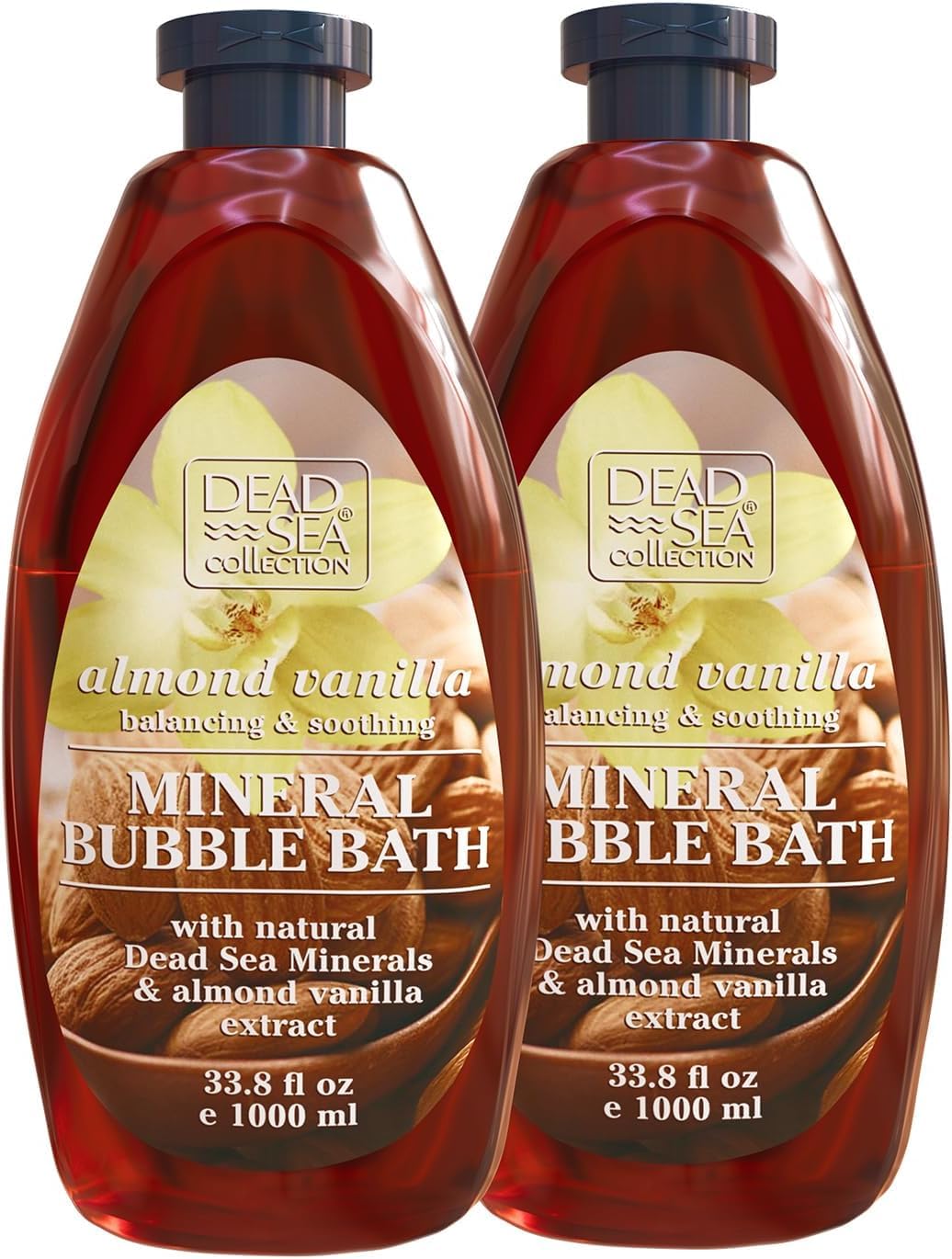 Dead Sea Collection bubble bath almond vanilla bottle pour for a nourishing soak.
