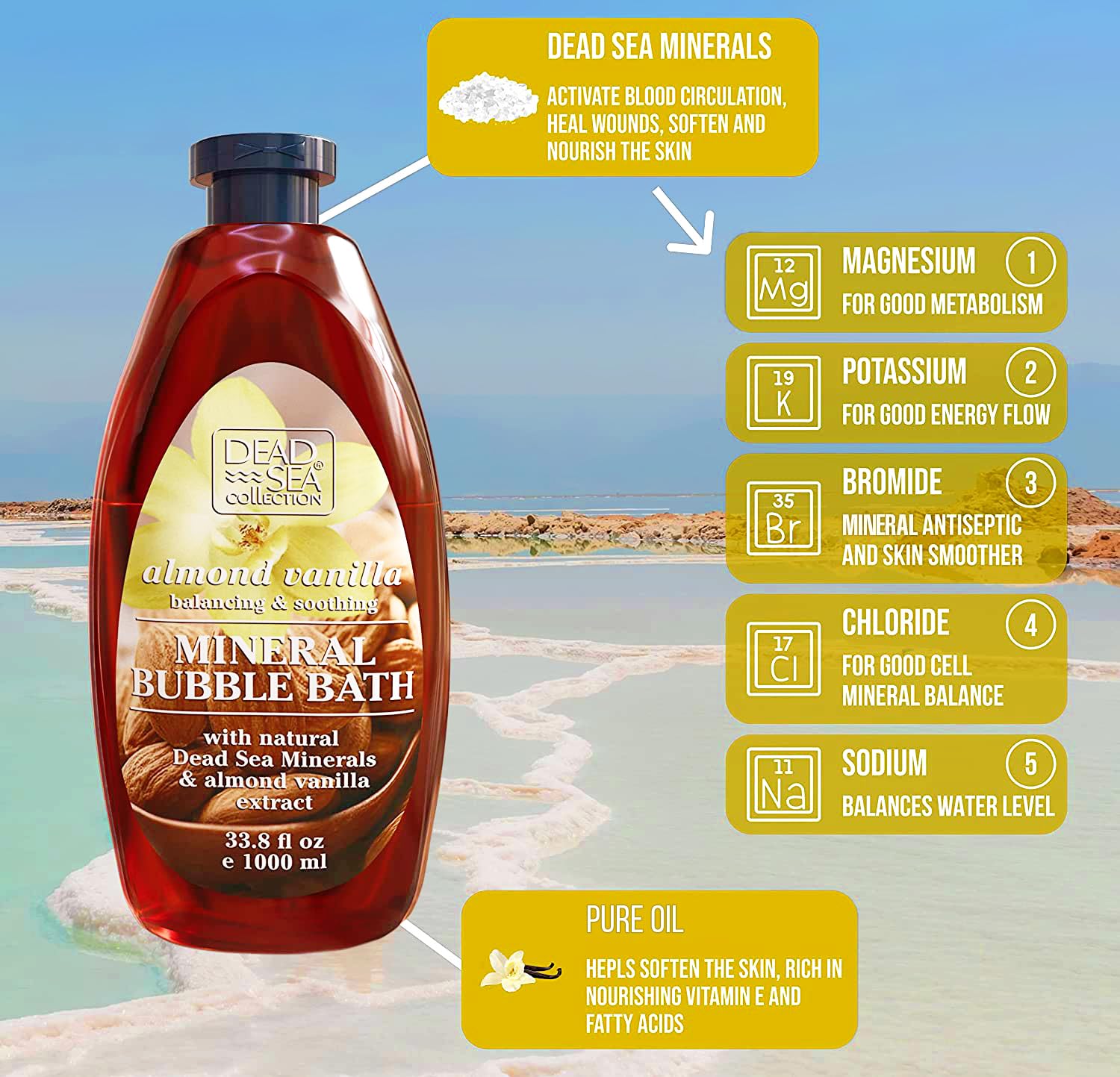 Dead Sea Collection bubble bath almond vanilla foam lather for spa like relaxation.