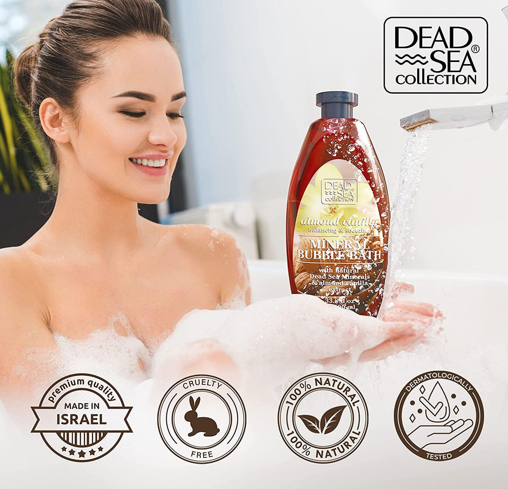 Dead Sea Collection bubble bath jar close-up reveals creamy texture.