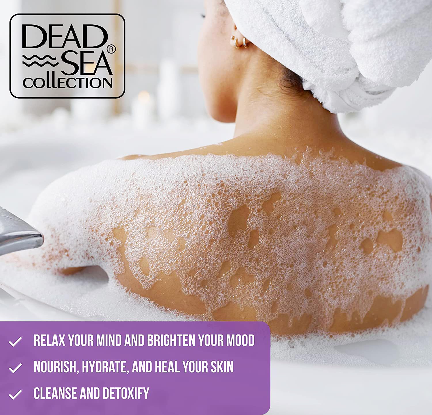 Packaging box of Dead Sea Collection Lavender Bubble Bath with two bottles