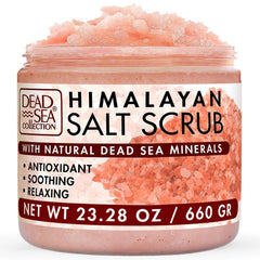 Dead Sea Collection Himalayan Salt Scrub bottle showing nourishing oils for moisturized skin.