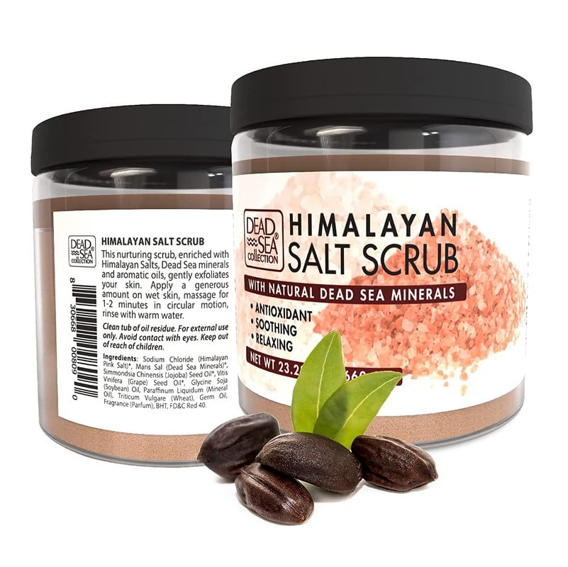 Dead Sea Collection scrub in hand during home spa routine.