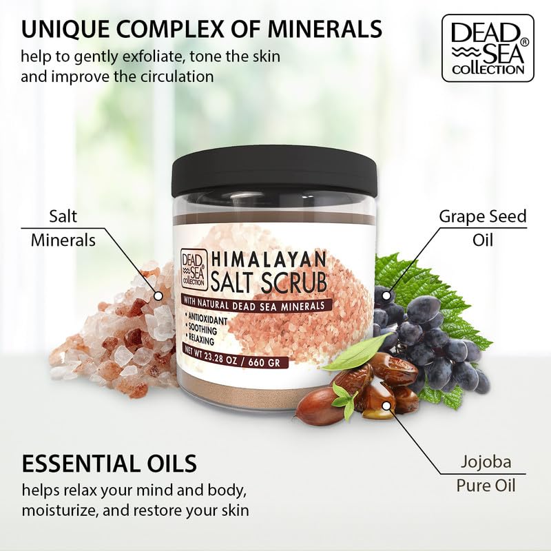 Close-up of Dead Sea Collection Himalayan Salt Scrub jar showing texture and oils.