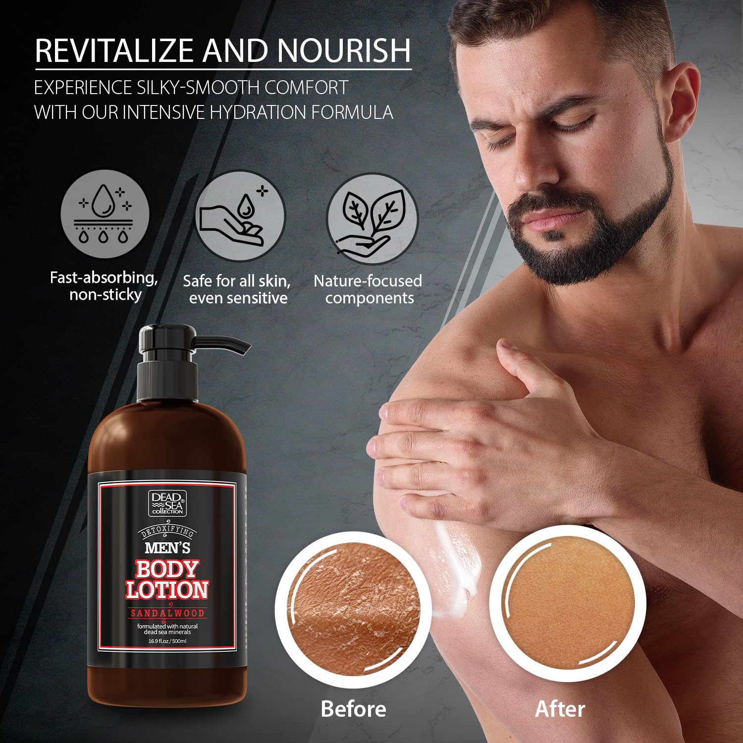 Cuidado diario de la piel masculina con Dead Sea Collection, aroma suave y masculino.