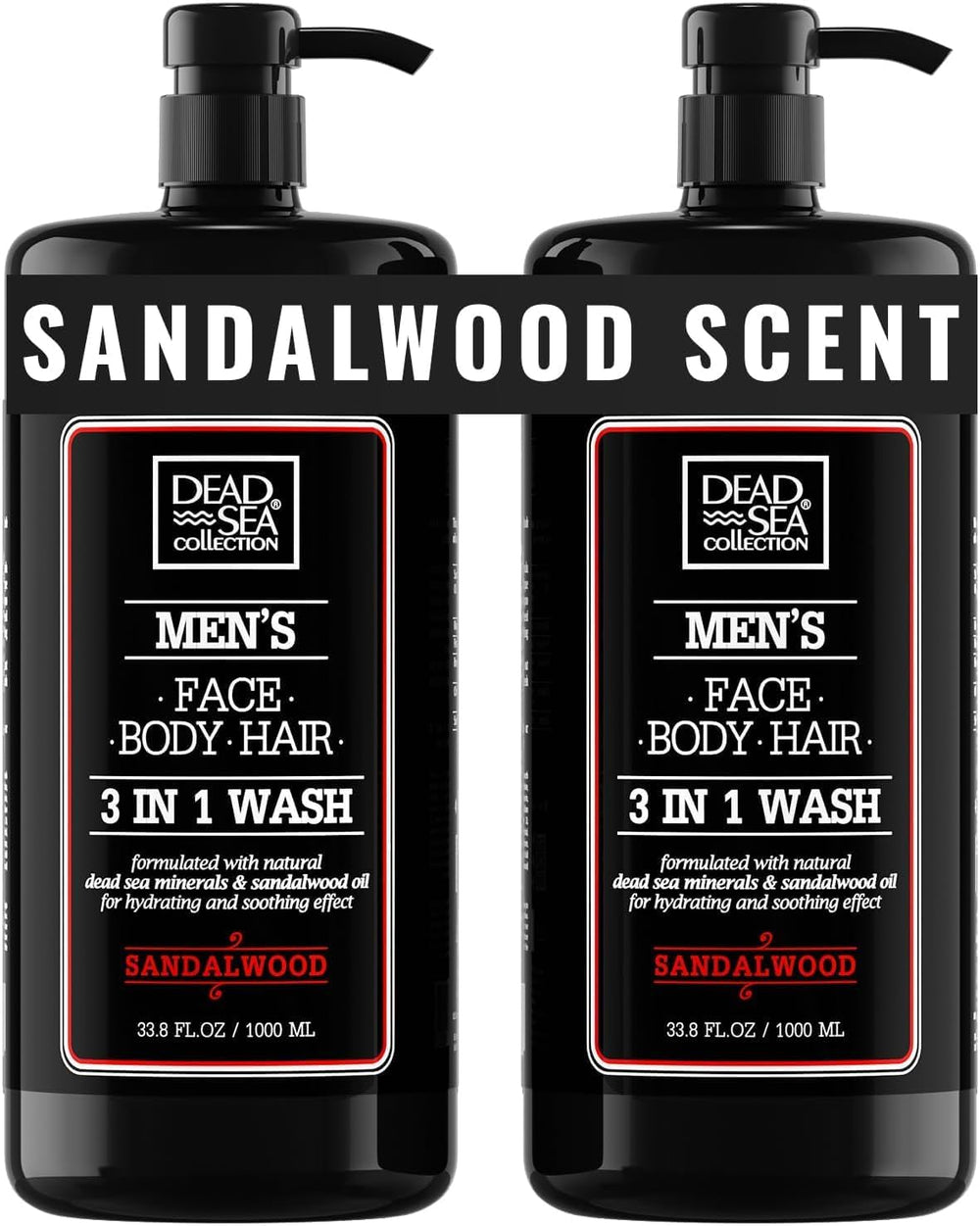 Dead Sea Collection sandalwood men’s body wash two-pack bottles for easy sharing