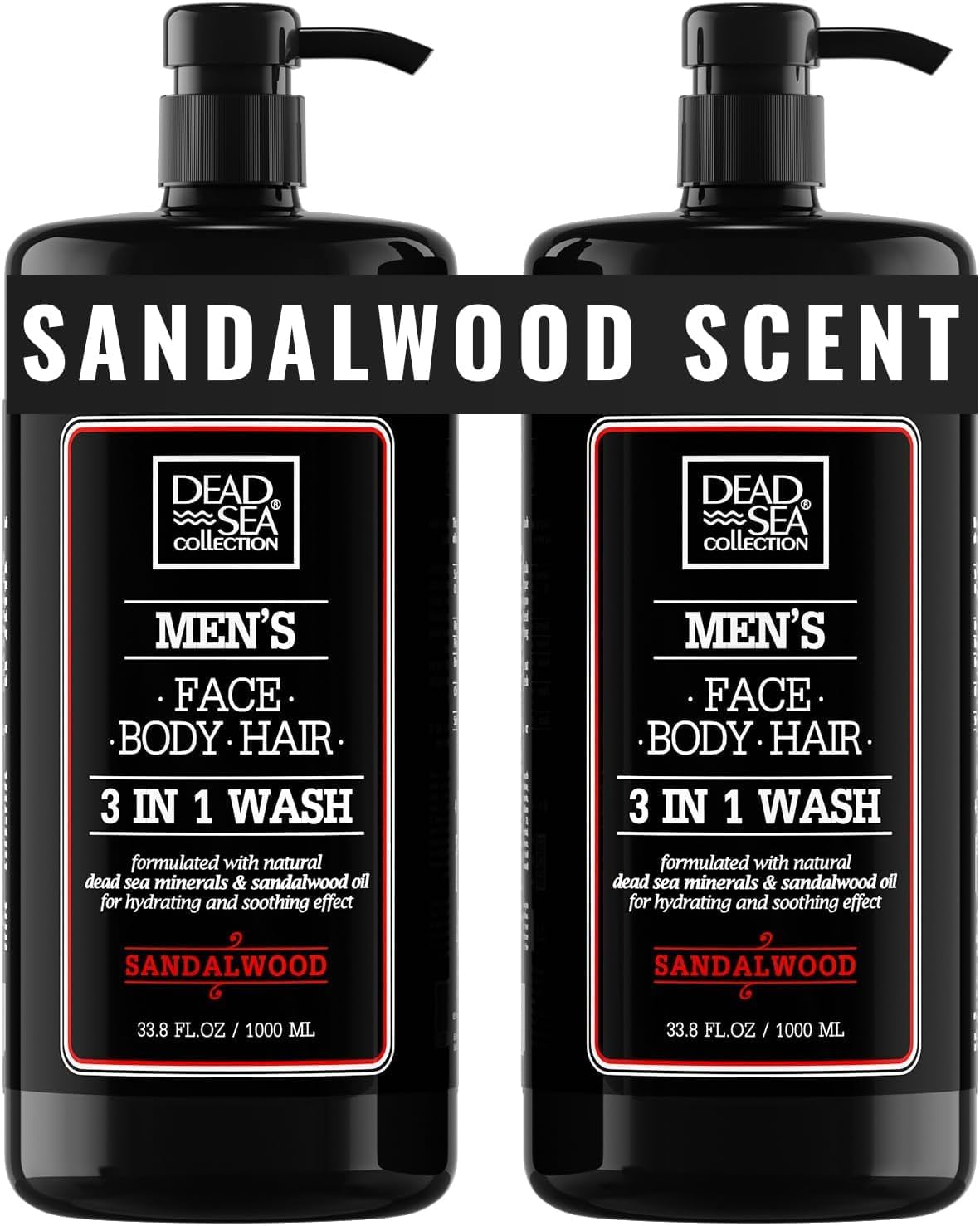 Dead Sea Collection sandalwood men’s body wash two-pack bottles for easy sharing