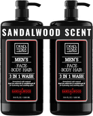 Dead Sea Collection sandalwood men’s body wash two-pack bottles for easy sharing