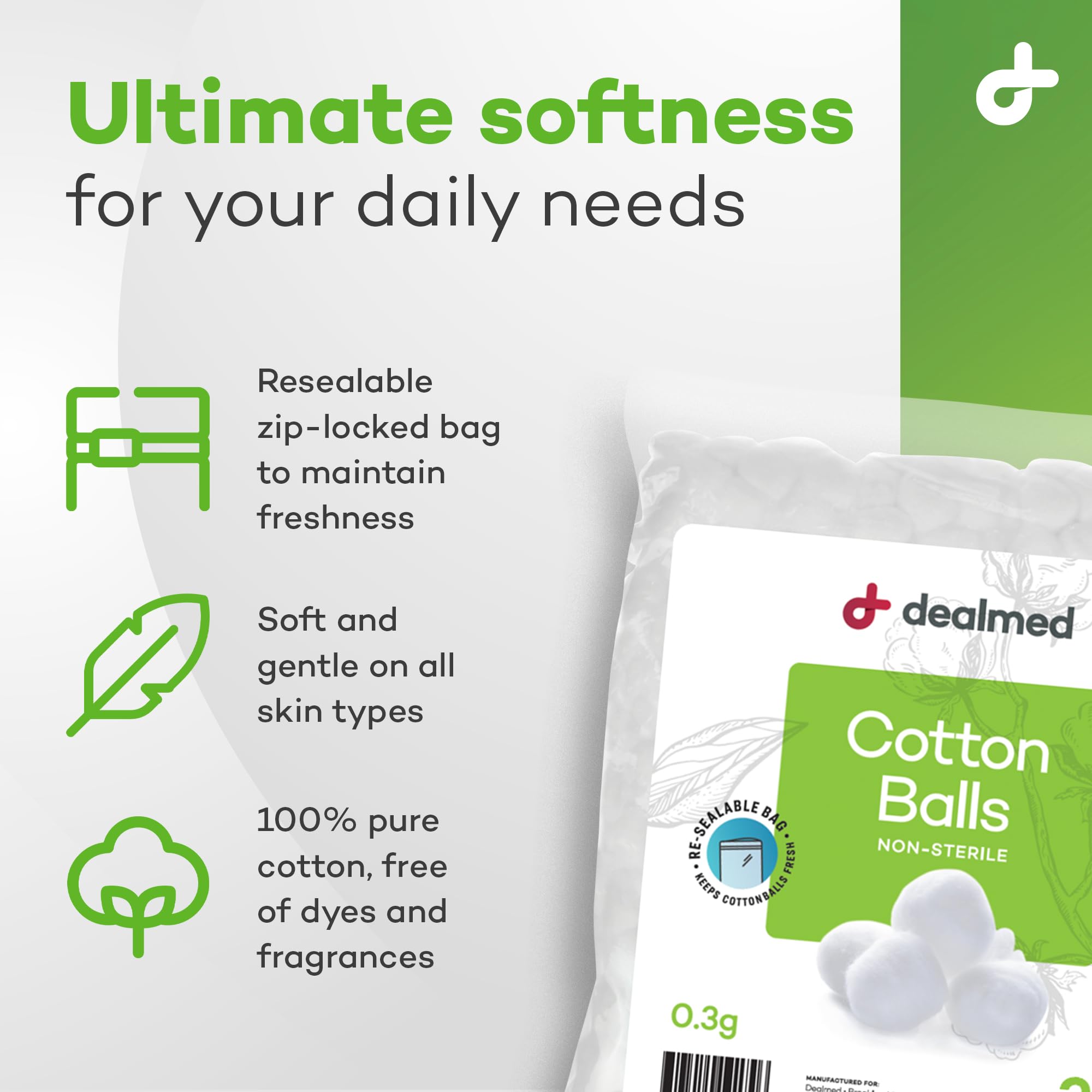 Dealmed cotton balls close-up showing soft texture and high absorbency