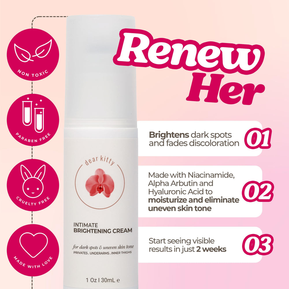Dear Kitty Dark Spot Cream applied to inner thighs for moisturized, balanced skin.