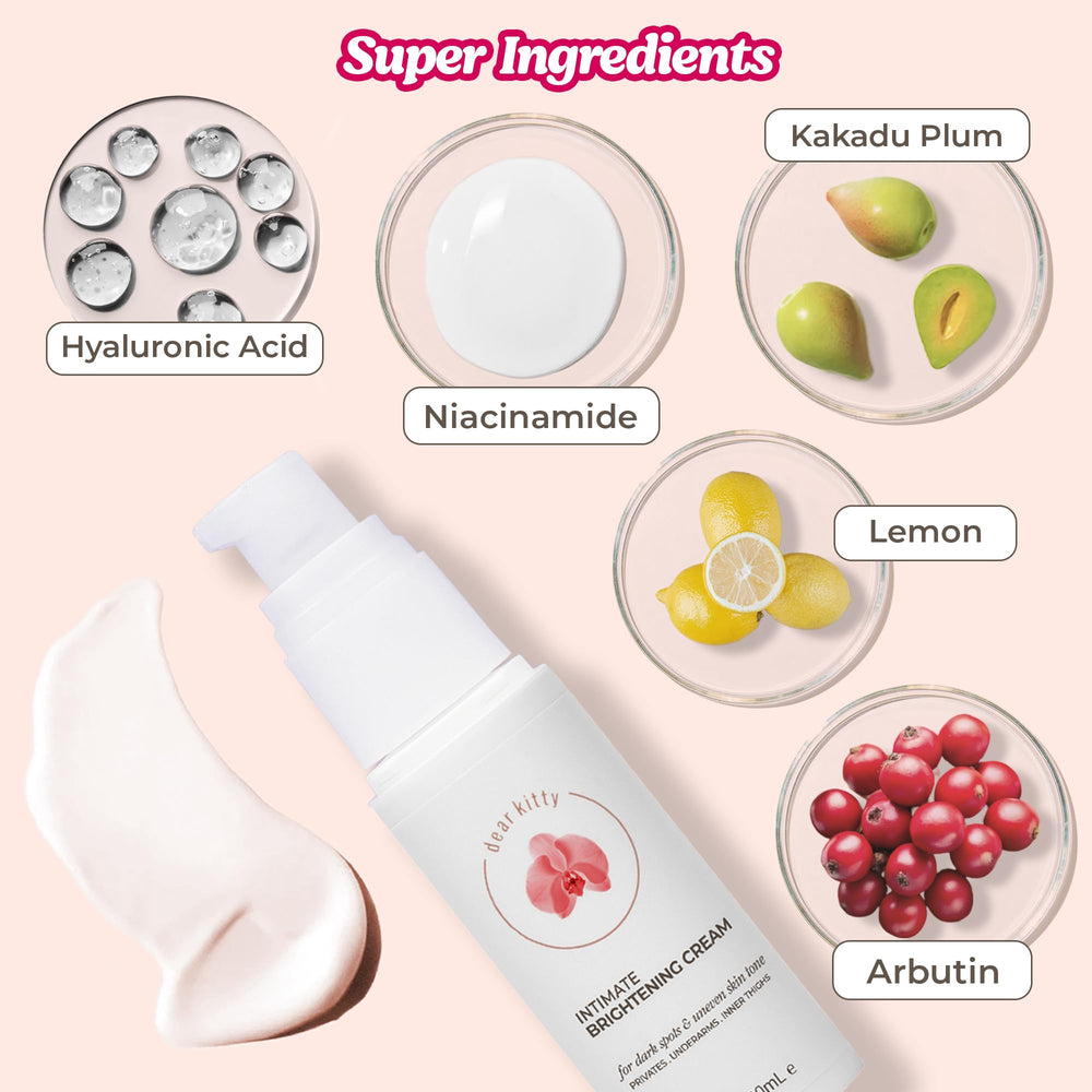 Packaging box of Dear Kitty Dark Spot Cream highlighting natural ingredients.