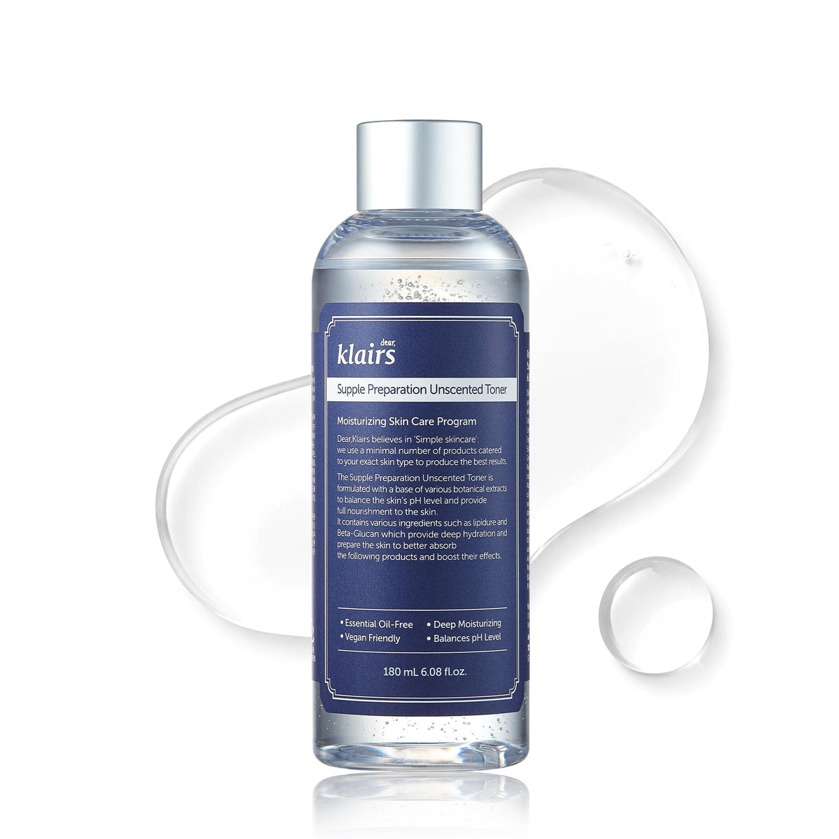 DearKlairs Unscented Toner bottle-front view showing a gentle, irritation-free formula
