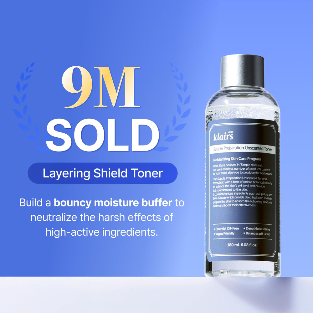 DearKlairs Unscented Toner liquid-pour demonstrating quick absorption and soothing hydration