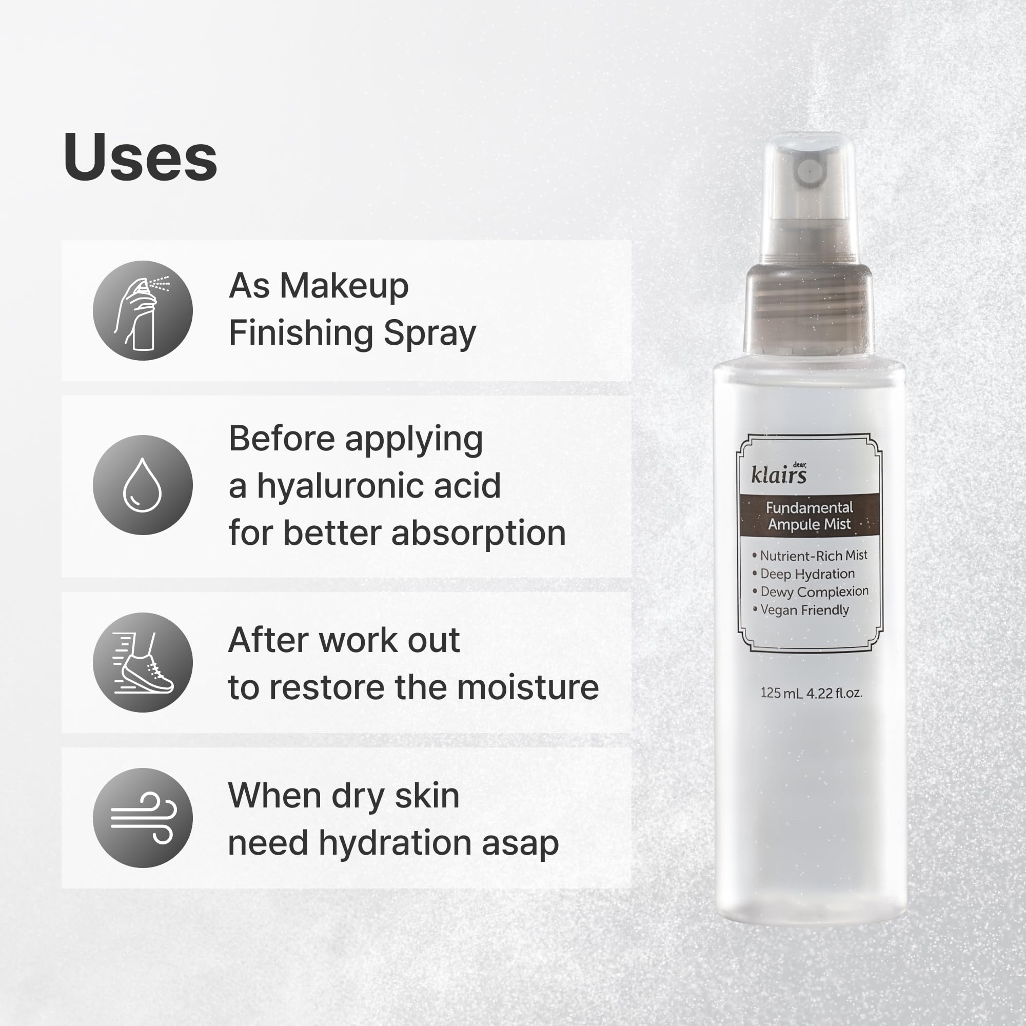 DearKlairs Fundamental Ampoule Mist, primer-maquillaje; prepara la piel para maquillaje suave.