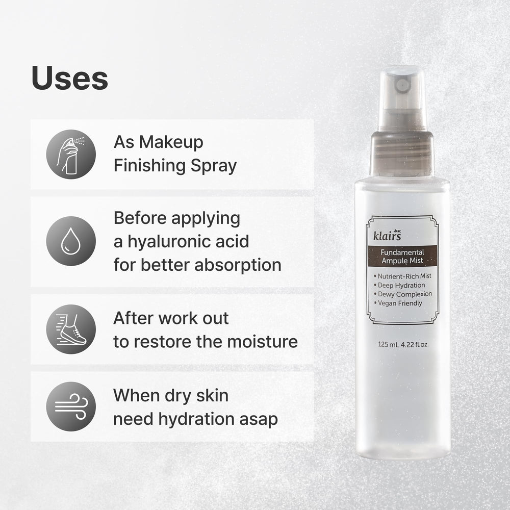 DearKlairs Fundamental Ampoule Mist, primer-maquillaje; prepara la piel para maquillaje suave.