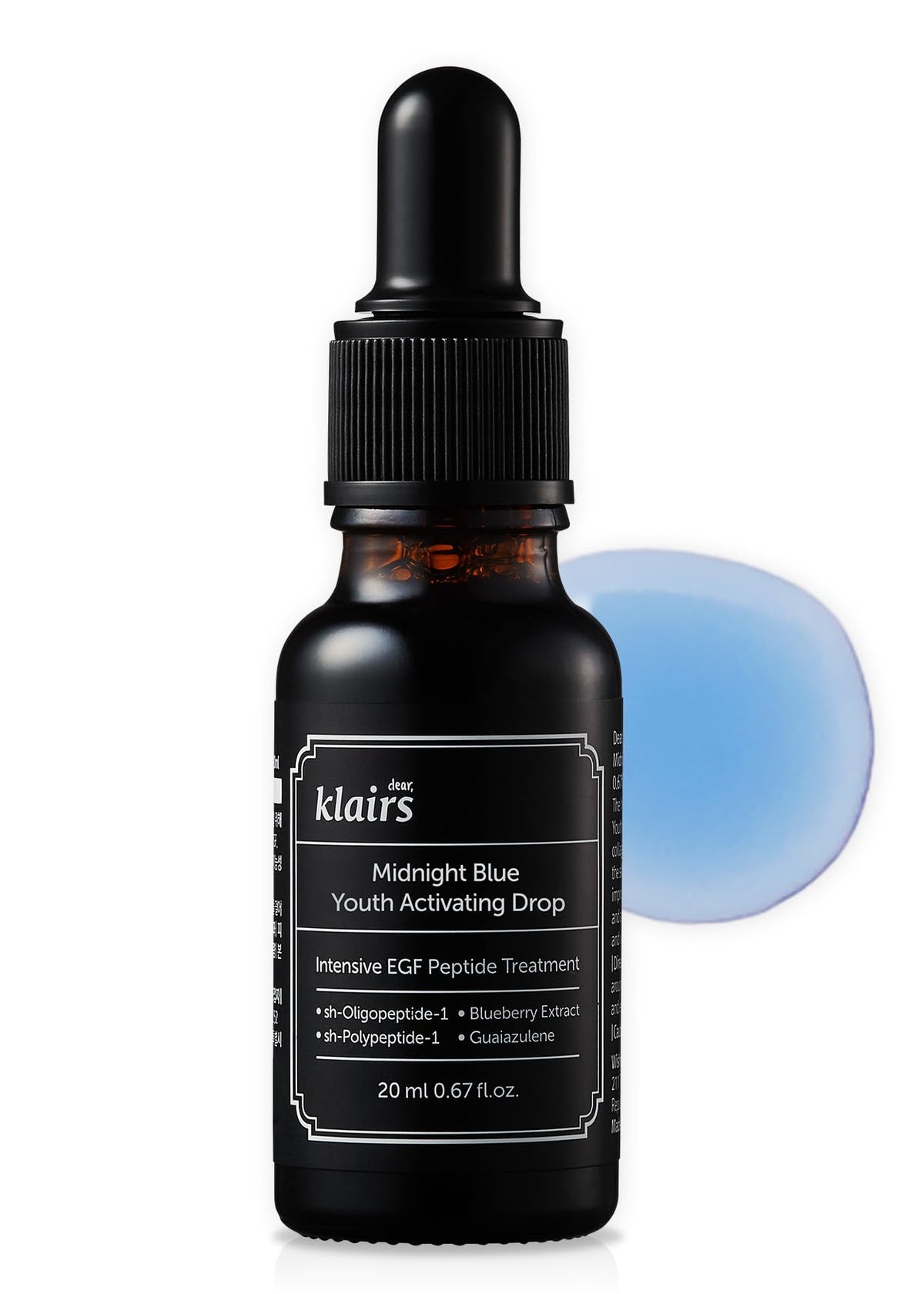 DearKlairs EGF serum en botella azul, calma la piel sensible y reduce rojeces.