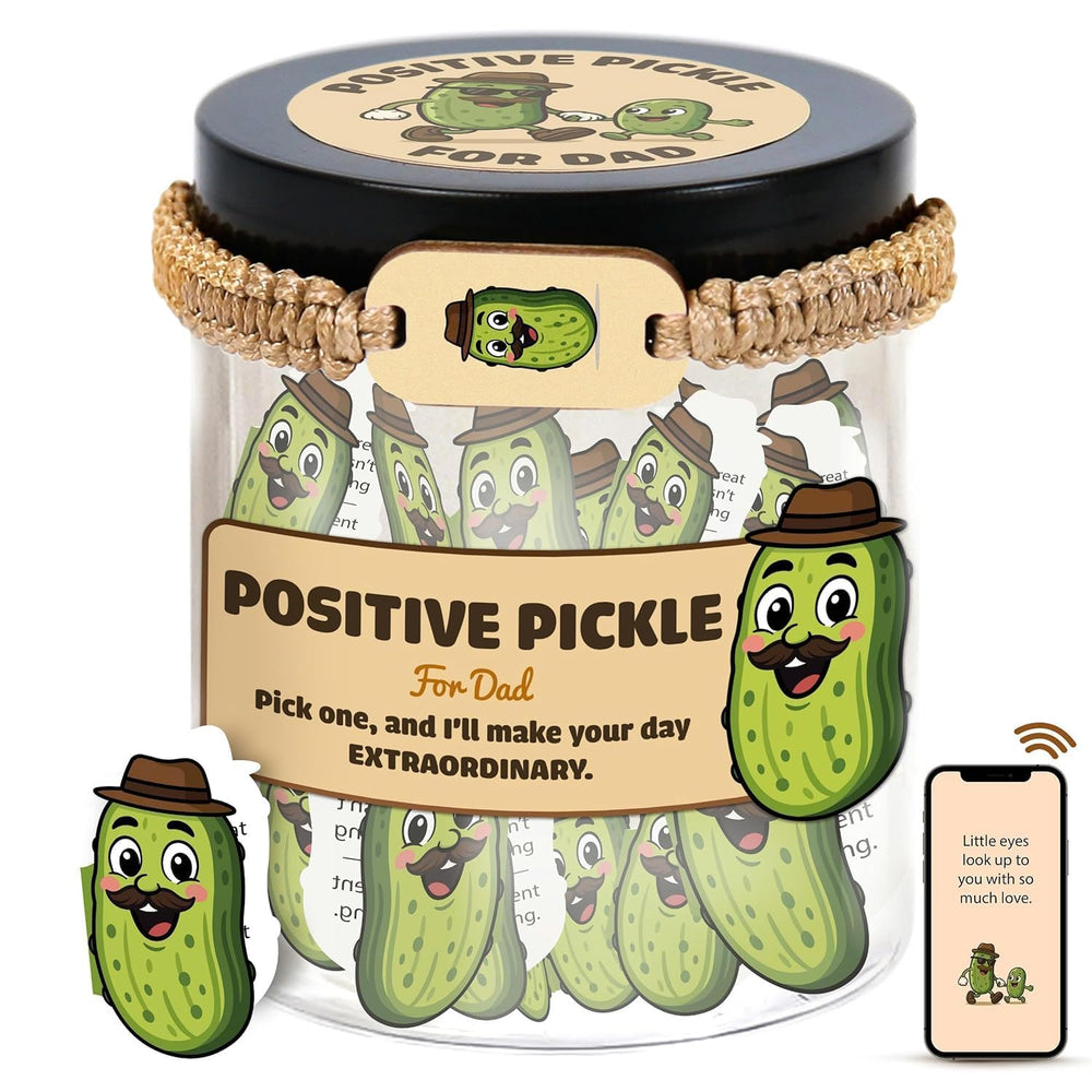 DEARMINE positive pickle cards for dad jar on desk for daily motivation.