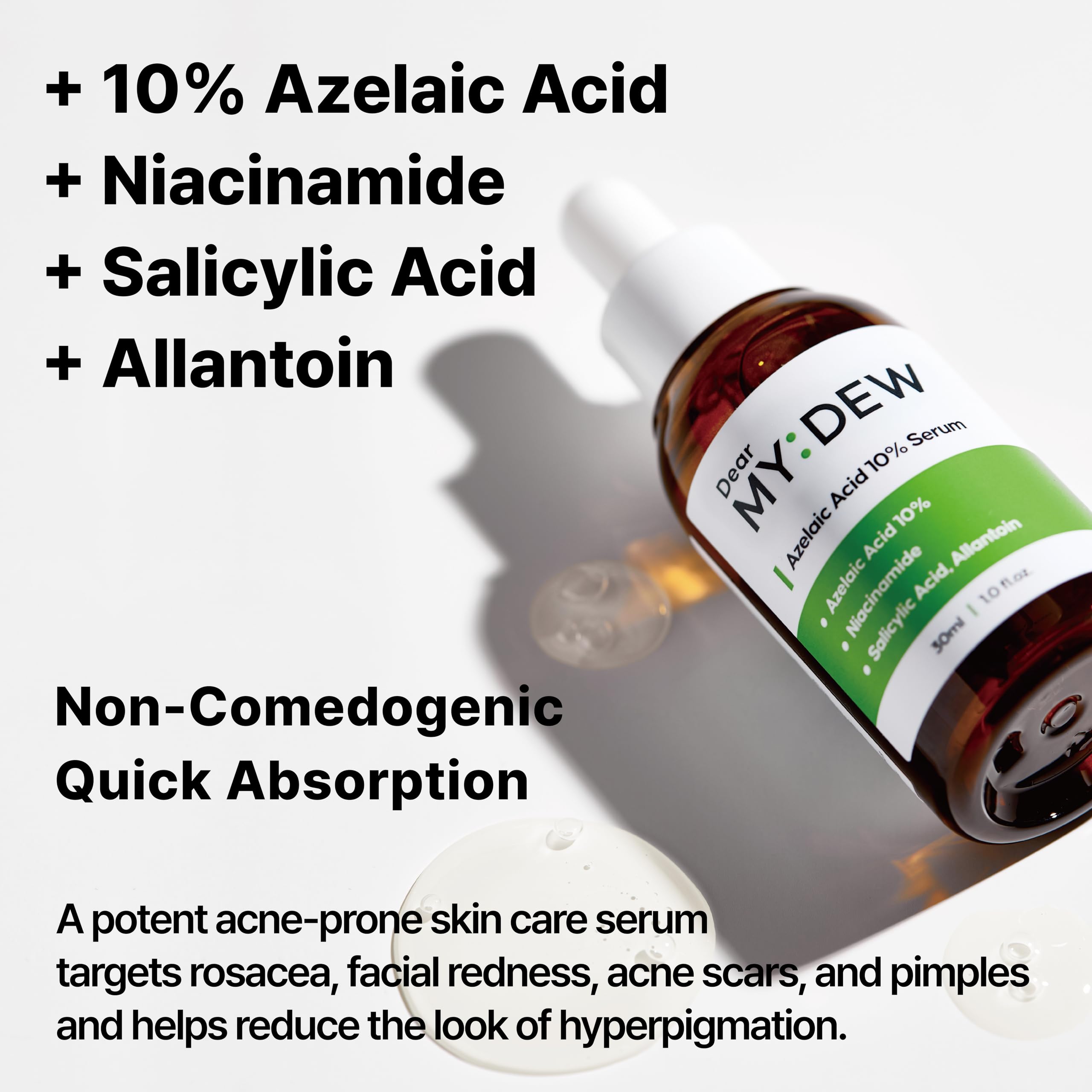 DearMYDEW Serum Azelaico 10% con textura ligera, absorción rápida sin grasa.