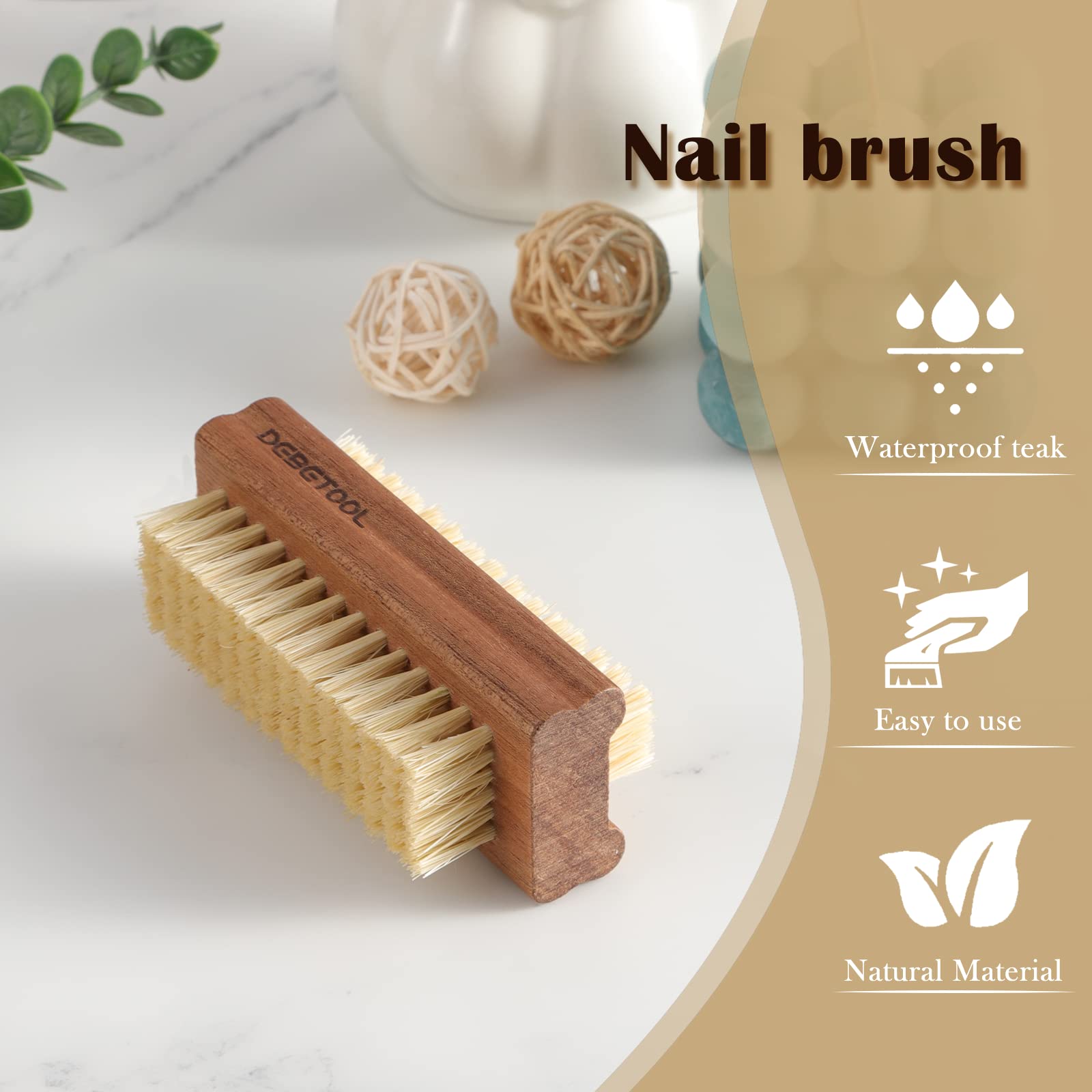 DEBETOOL Acacia nail brush double-sided bristles protect nails while cleaning.