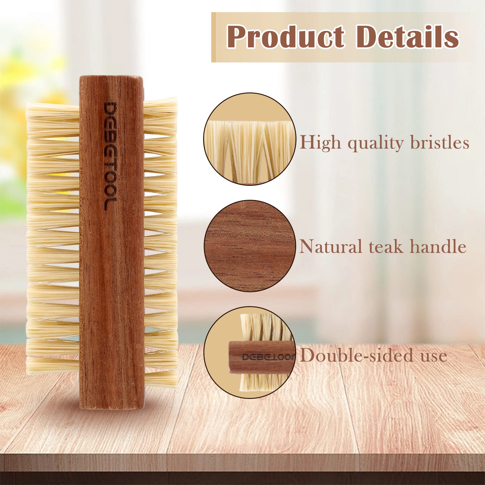 DEBETOOL Acacia nail brush with natural sisal bristles for gentle scrubbing.