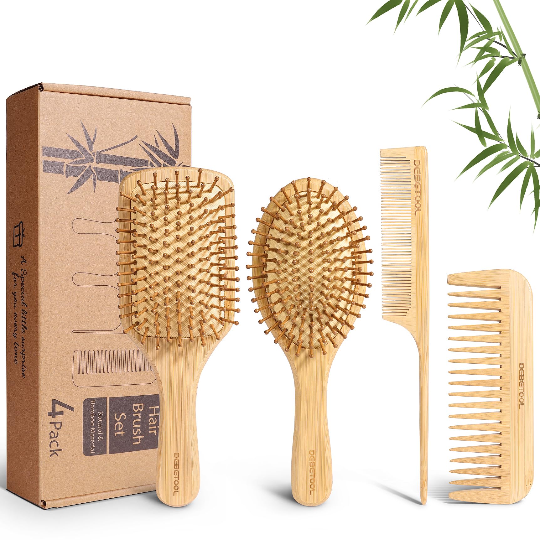 DEBETOOL bamboo hair brush with round bristles for gentle scalp stimulation and detangling.