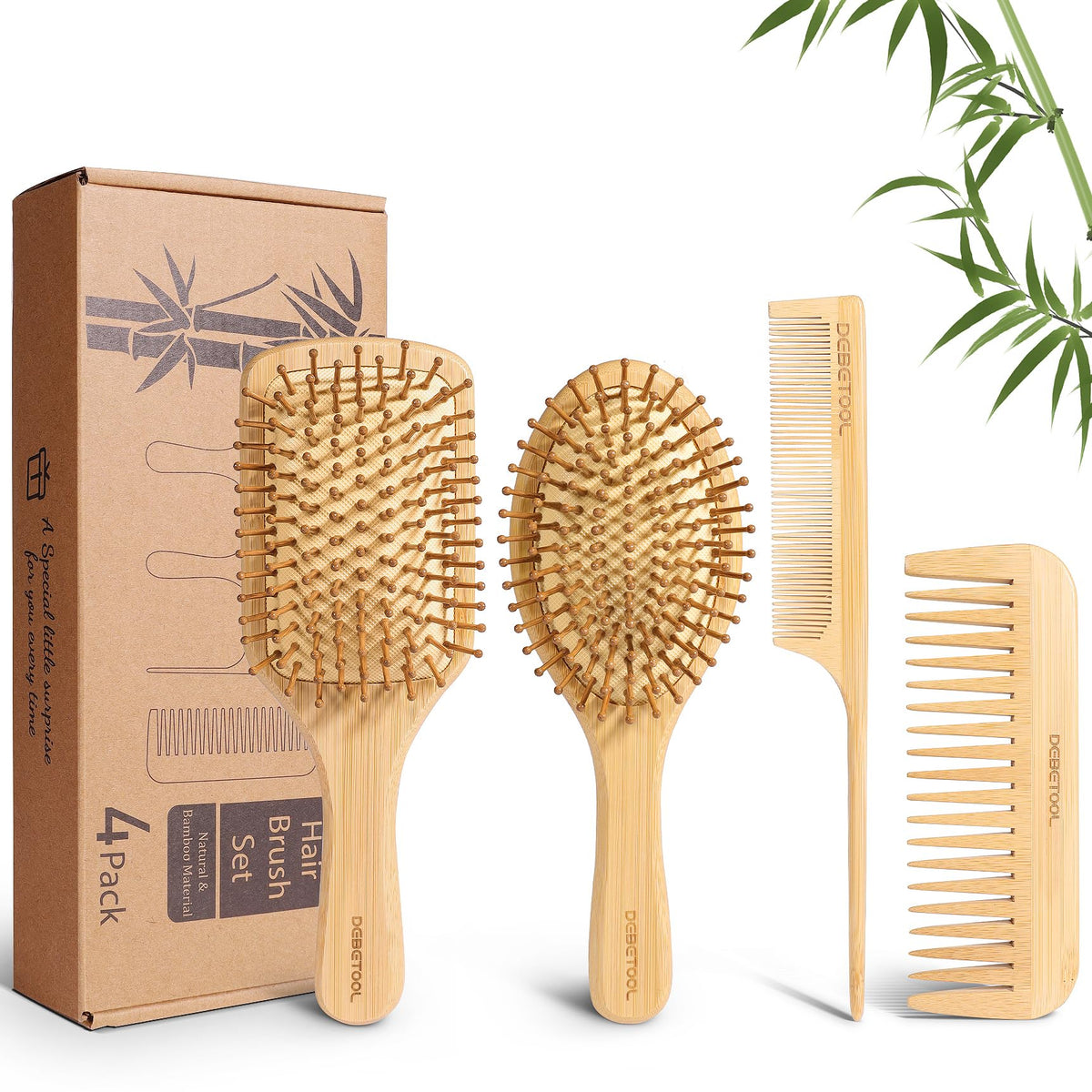 DEBETOOL bamboo hair brush with round bristles for gentle scalp stimulation and detangling.