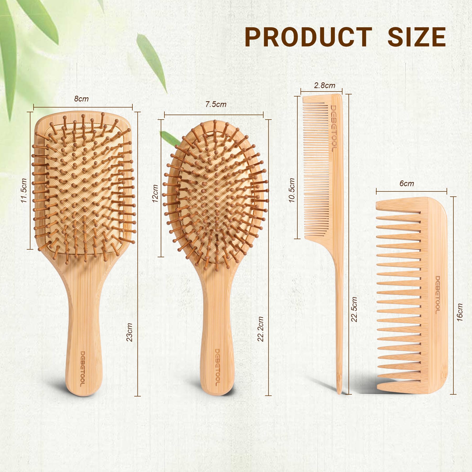 DEBETOOL bamboo hair brush with square bristles for even pressure and smoother detangling.