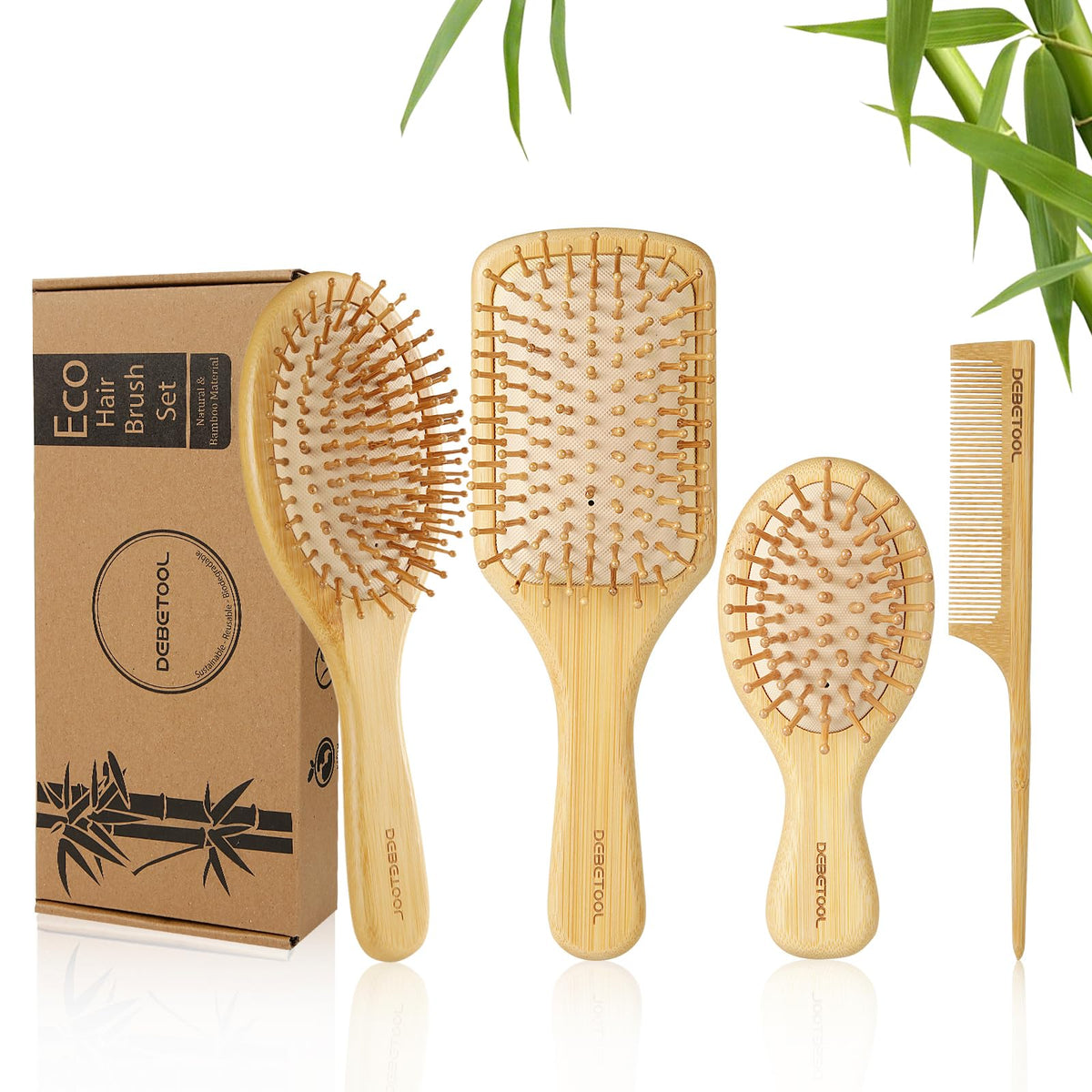 DEBETOOL bamboo hair brush shows sustainable design and gentle detangling for all hair types.