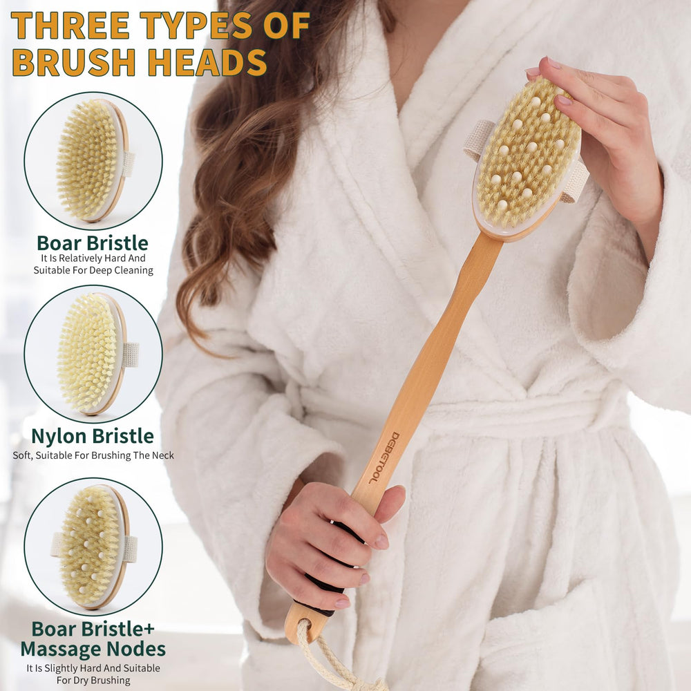 DEBETOOL Dry Brush Set mango largo de madera para alcanzar espalda.