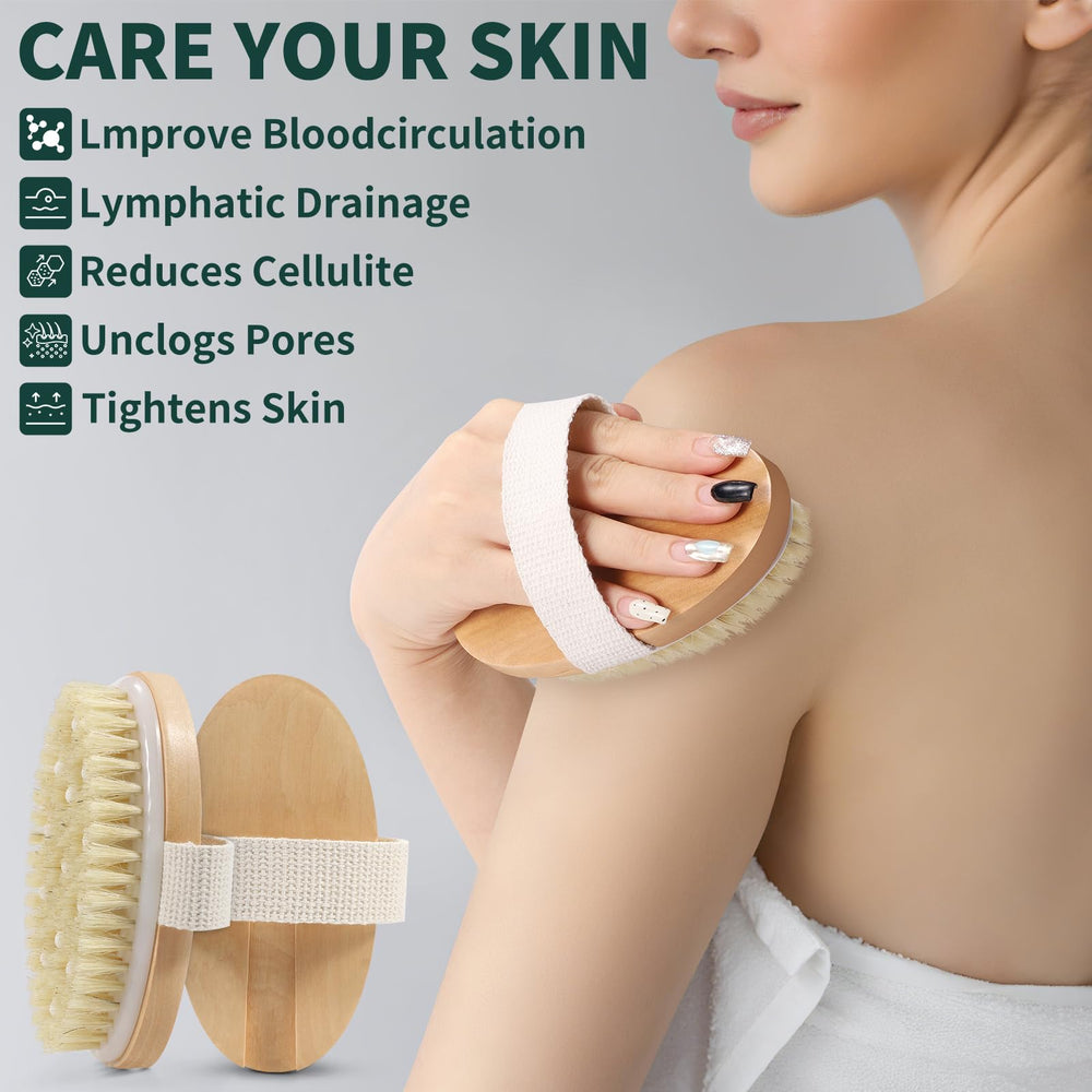 DEBETOOL Dry Brush Set uso en baño con jabón para exfoliar.