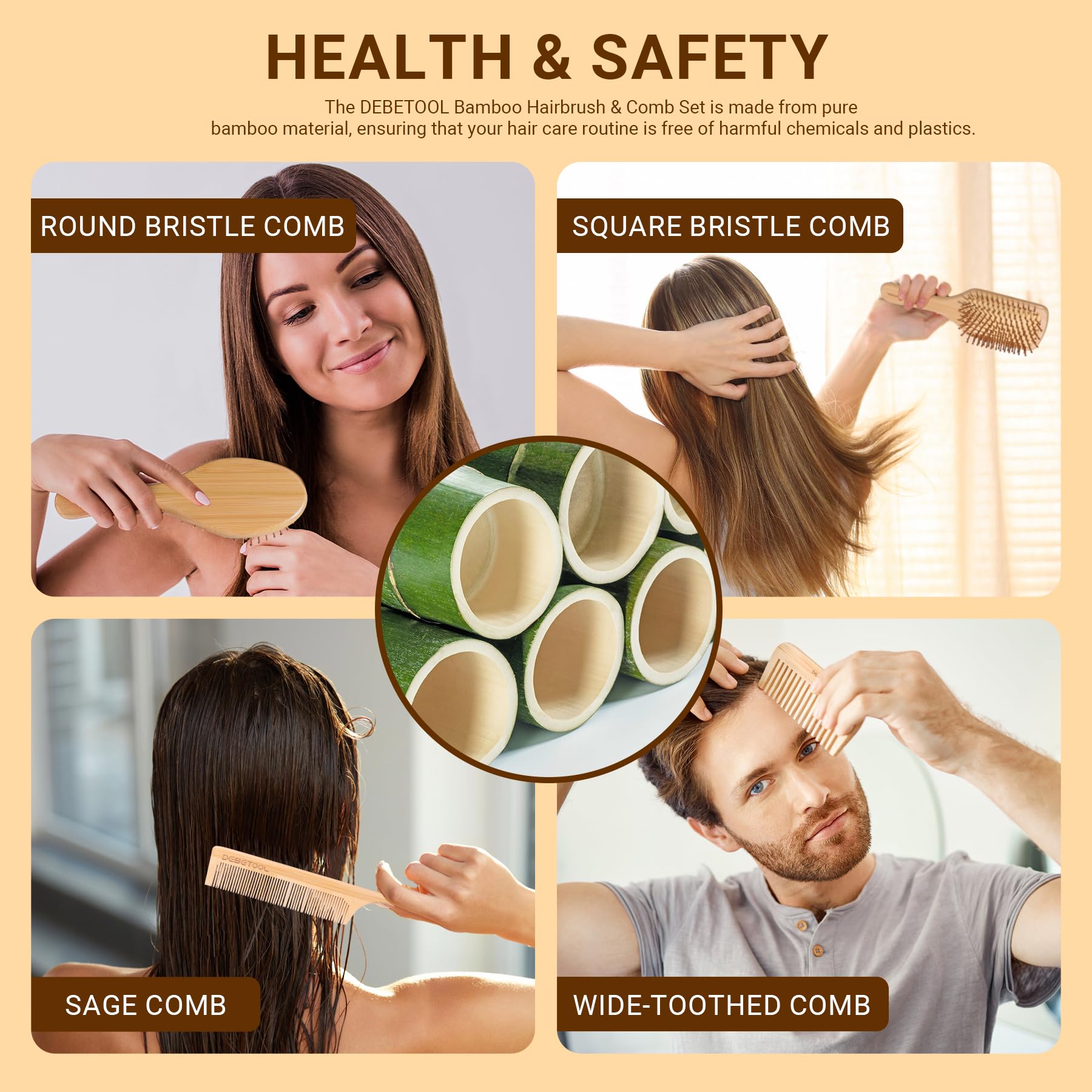 DEBETOOL natural bamboo material emphasizes eco-friendly hair care choices.