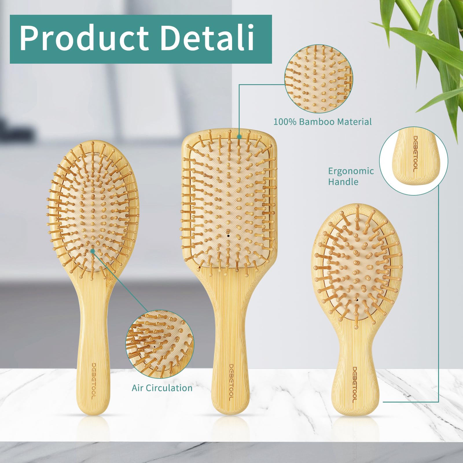DEBETOOL wide-tooth detangler brush glides through curly or straight hair with ease.