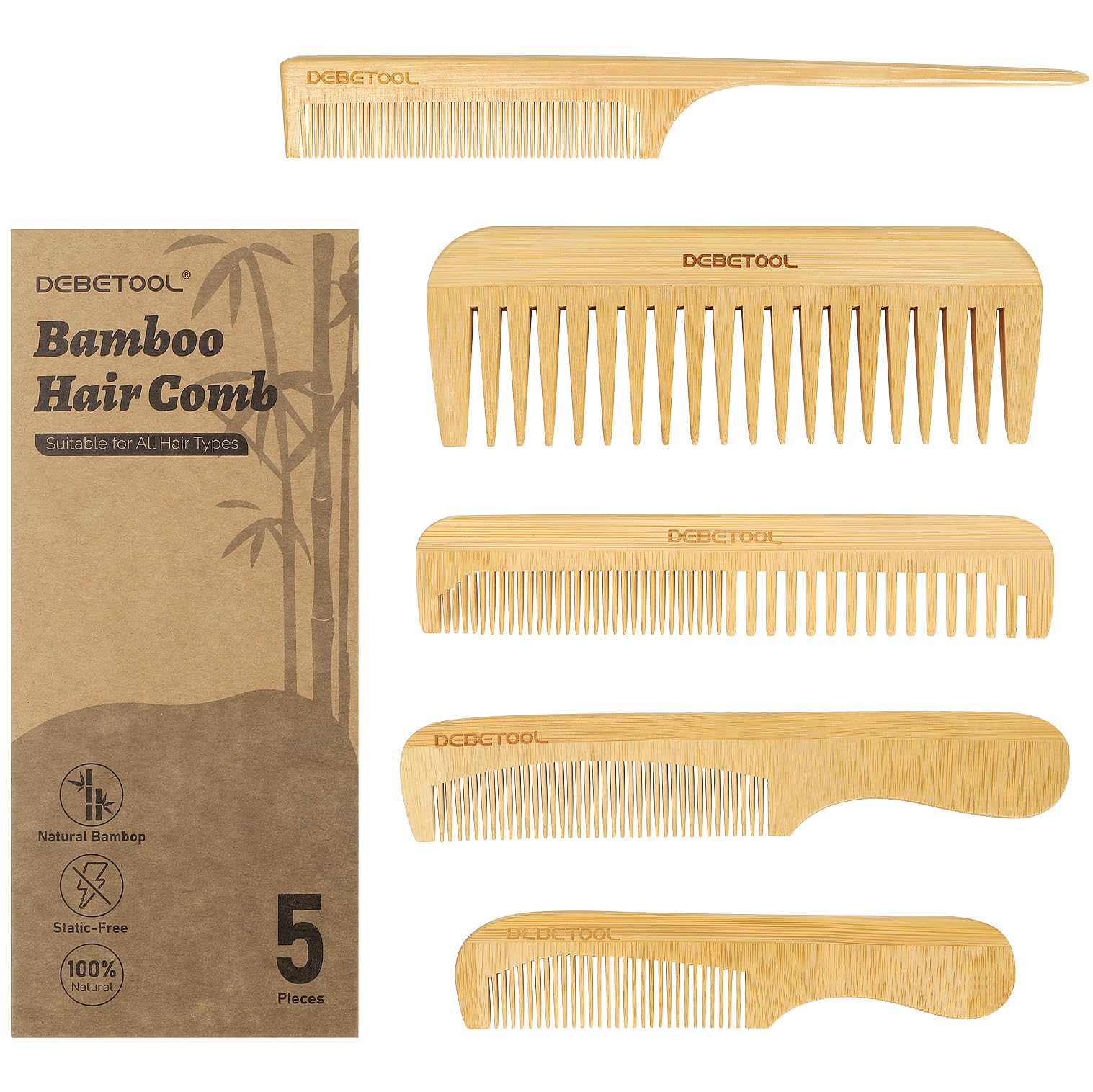 DEBETOOL 5-piece bamboo comb set for smooth detangling and daily styling.