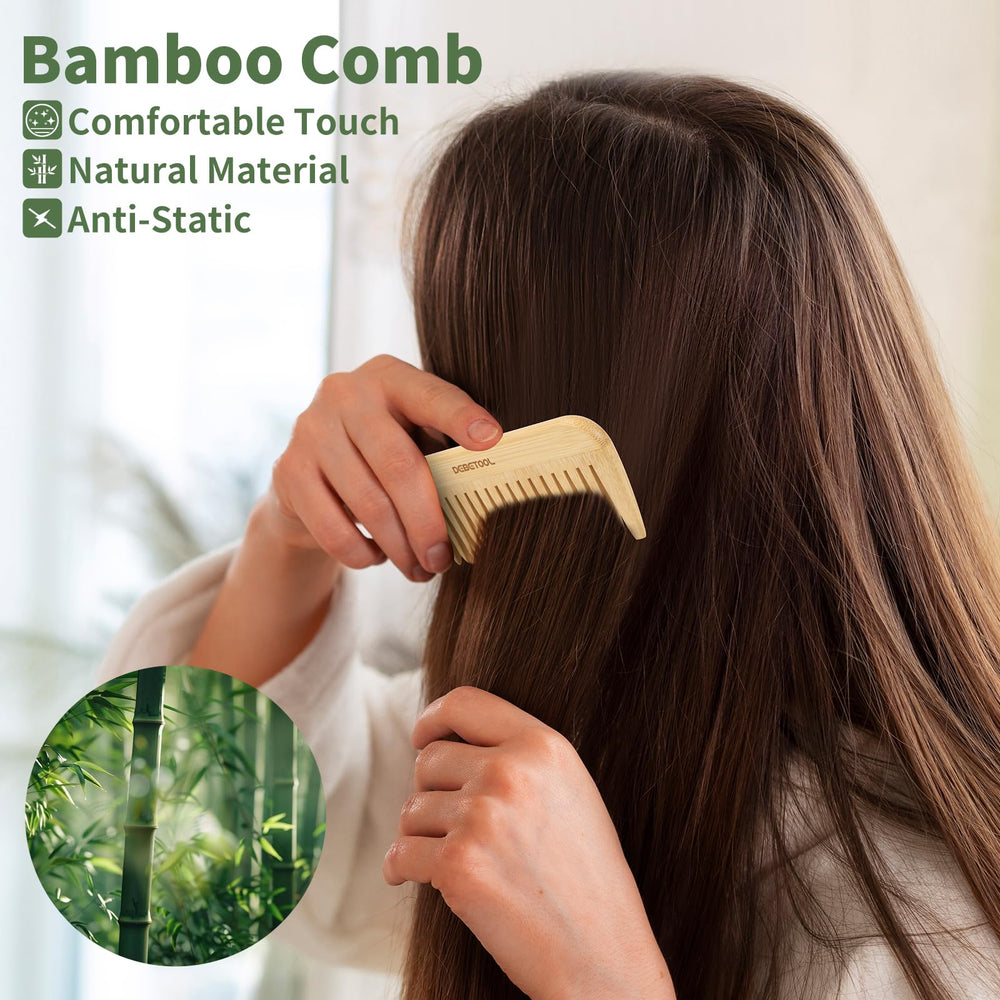 DEBETOOL anti-static bamboo comb reducing frizz and flyaways.