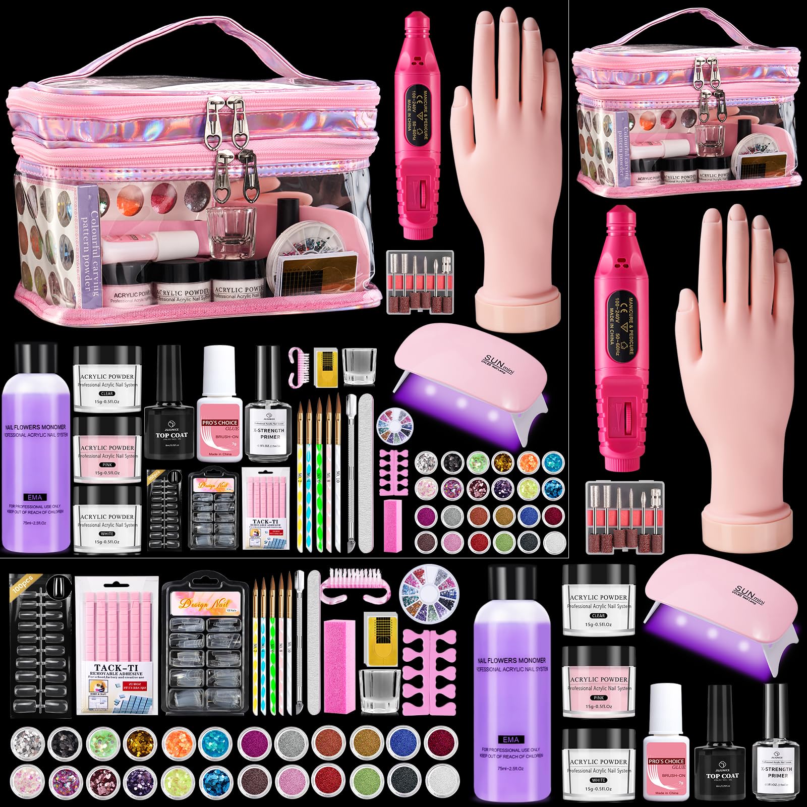 Deciniee Nail Kit Beginners pink with practice hand for nail art practice.