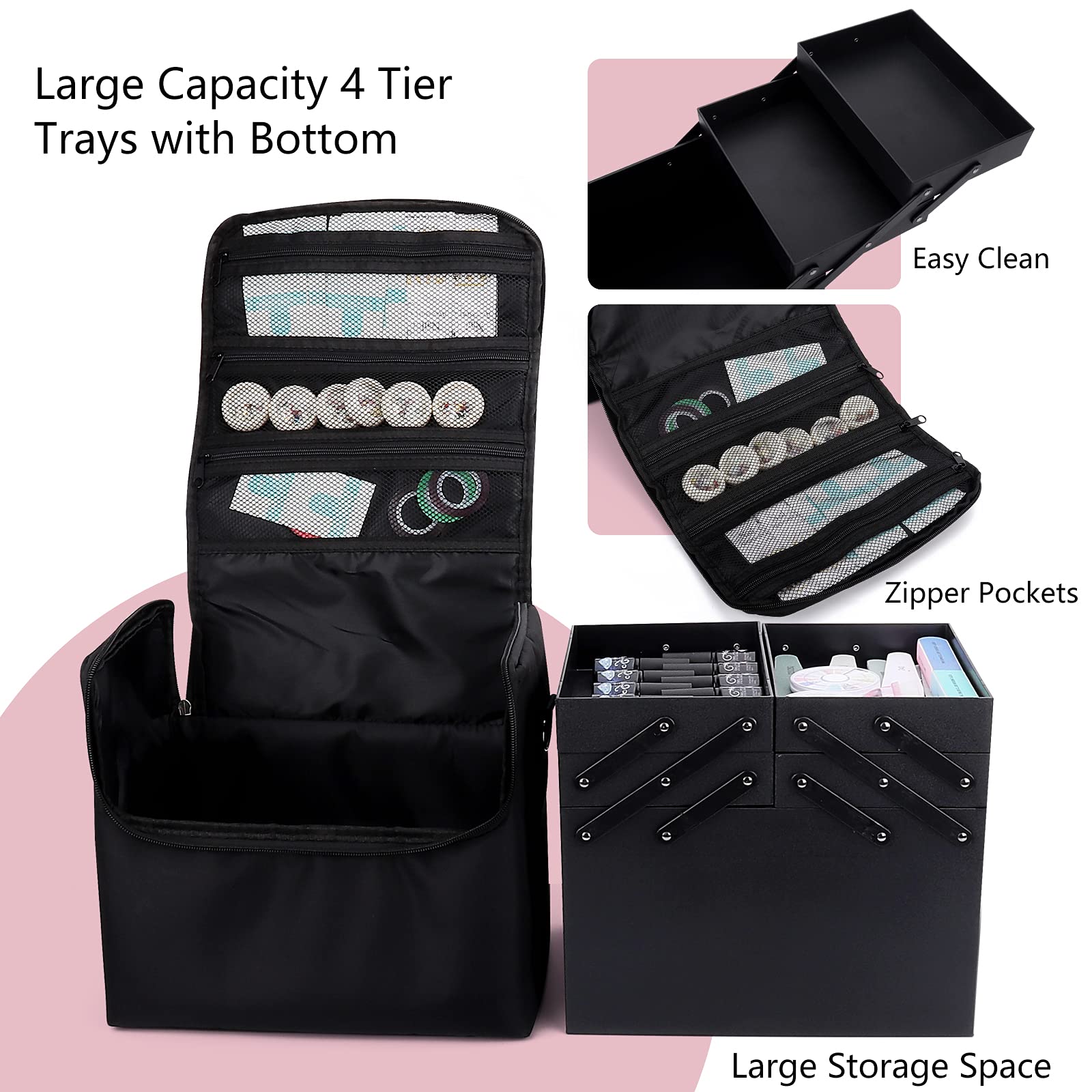 Adjustable dividers and slots organize brushes and palettes securely