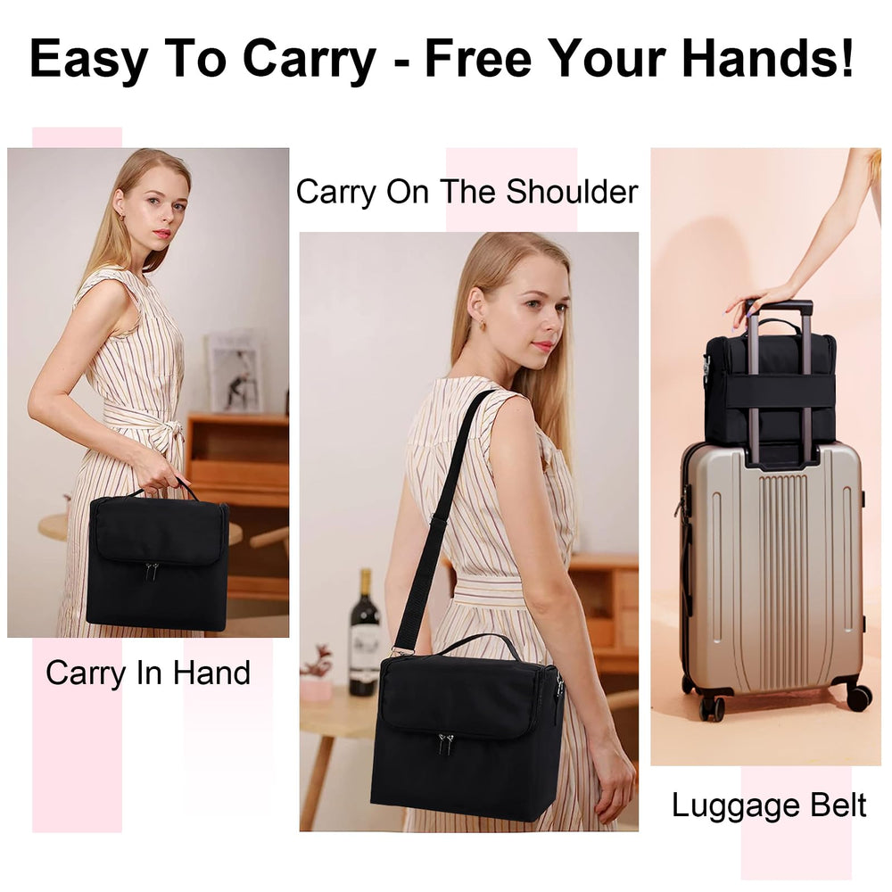 Deciniee train case with detachable shoulder strap for hands-free transport