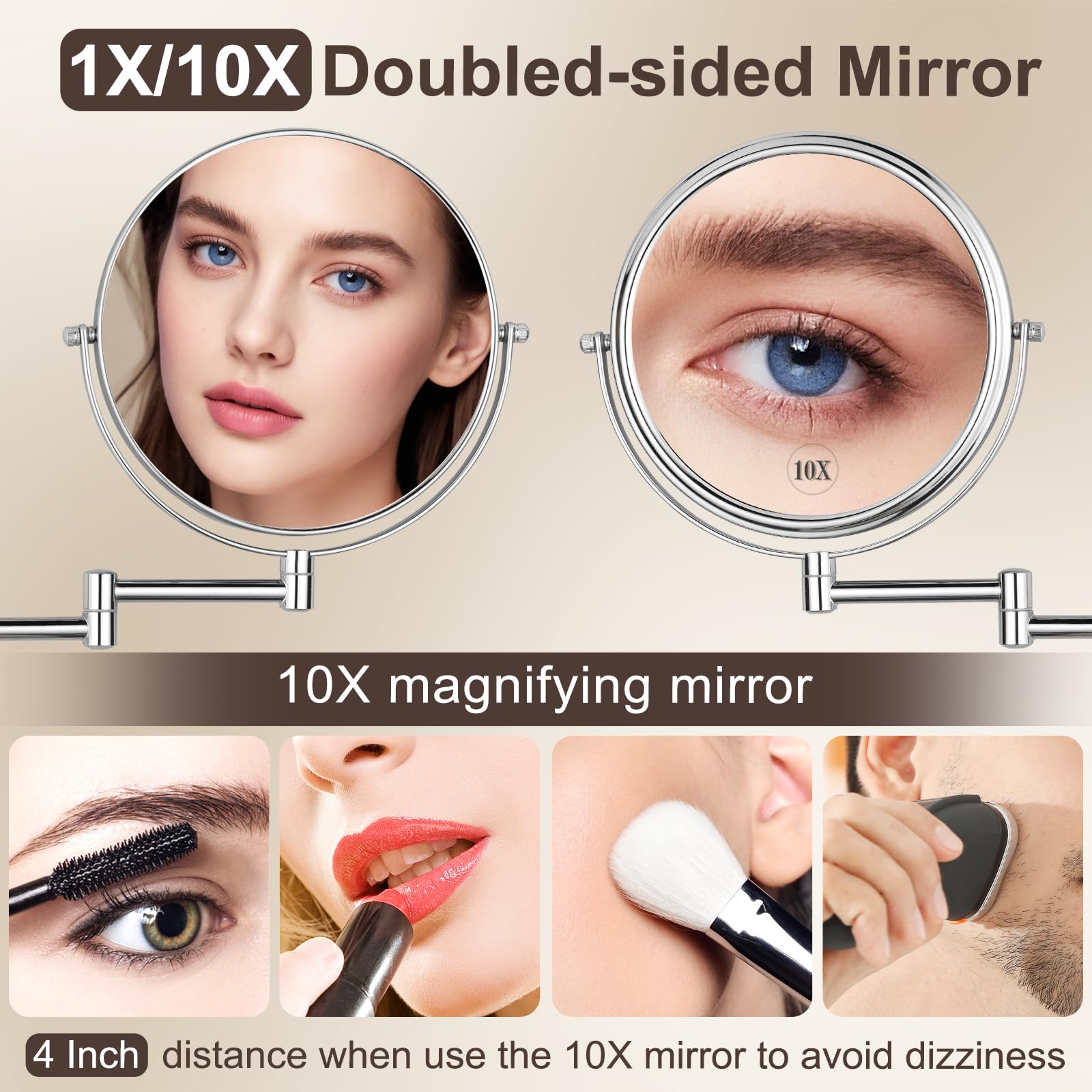 DECLUTTR double-sided vanity mirror in chrome for versatile grooming.