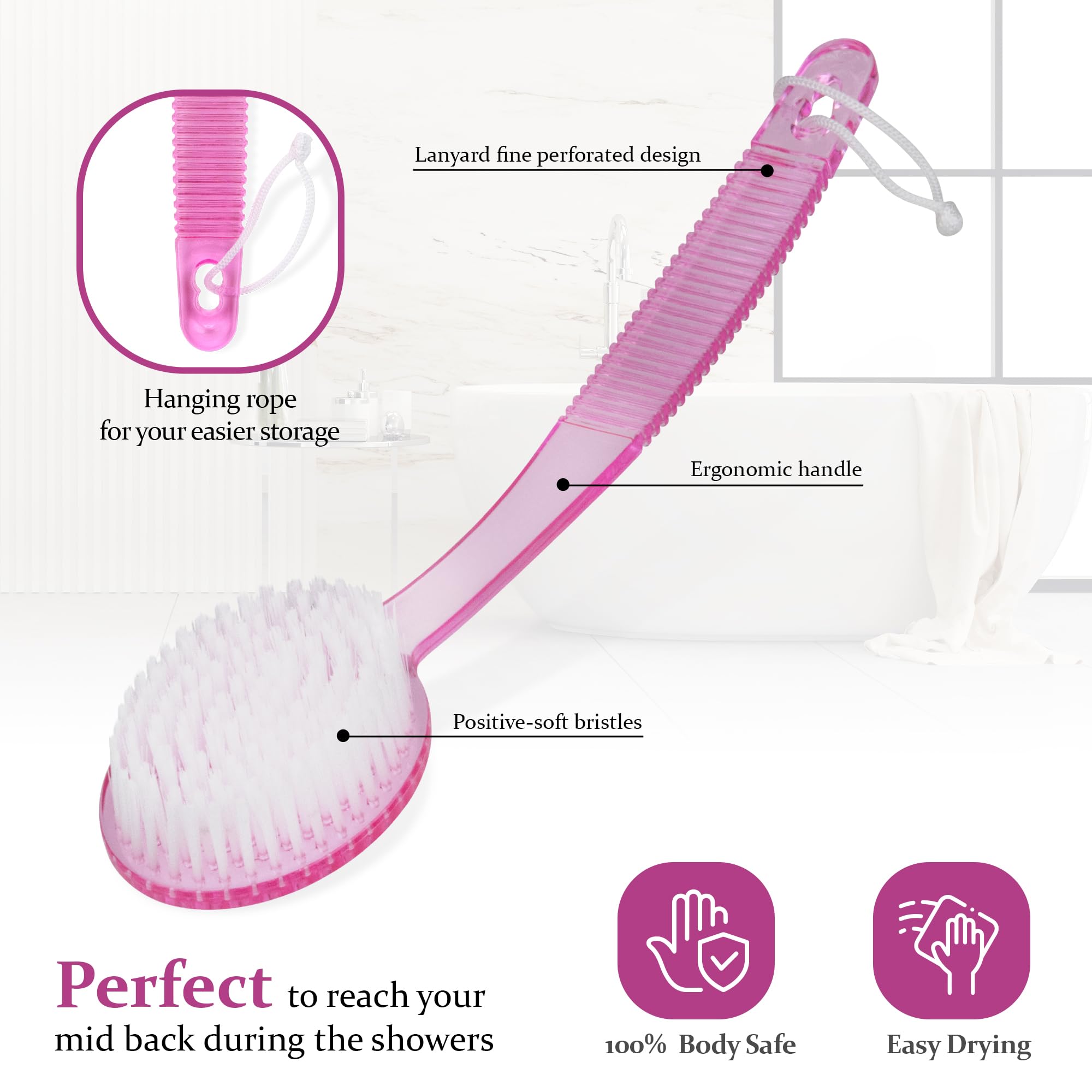 DecorRack curved handle enables comfortable back scrubbing.