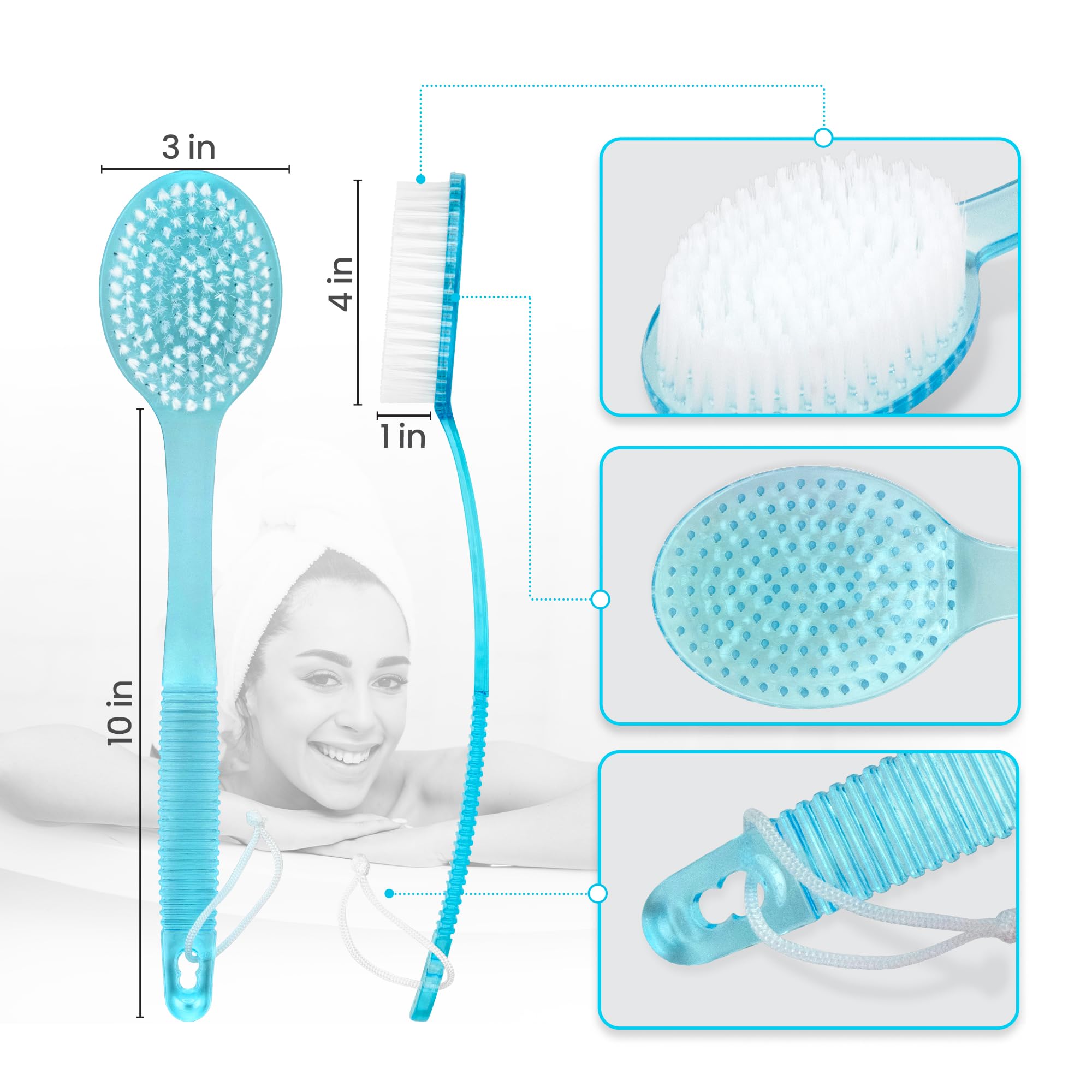 Blue DecorRack shower scrubber with curved handle for back access.