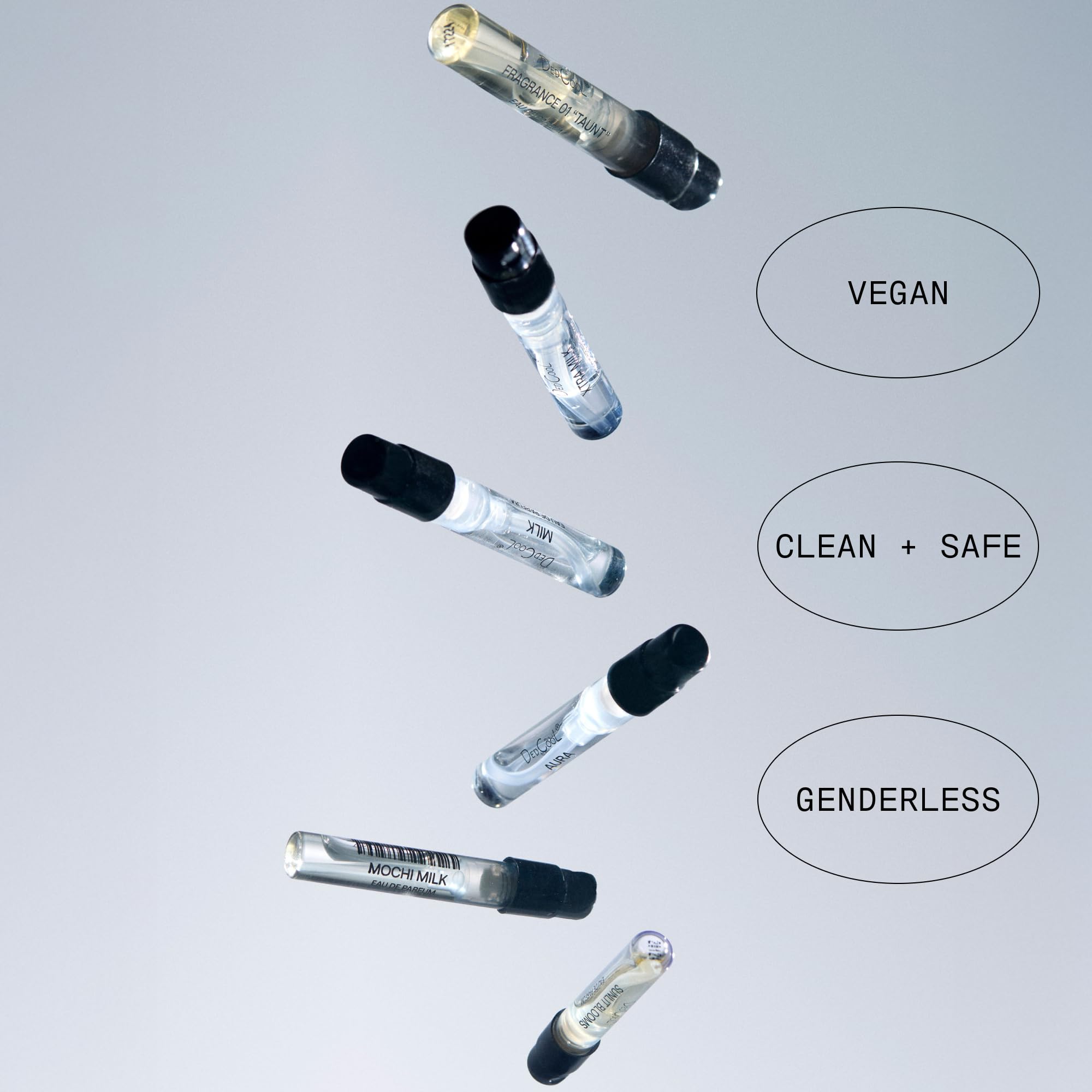 Six mini DedCool scents lined up for layering and personal scent experiments.