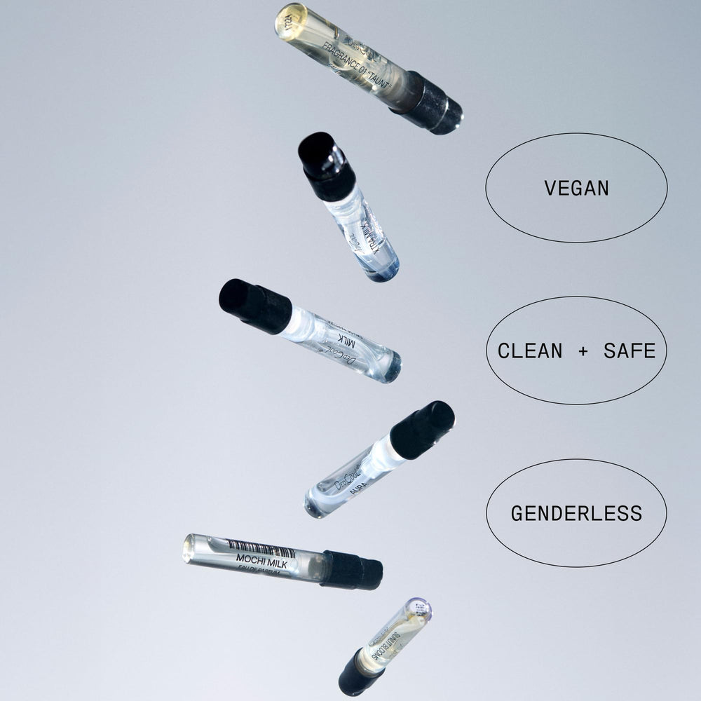 Six mini DedCool scents lined up for layering and personal scent experiments.