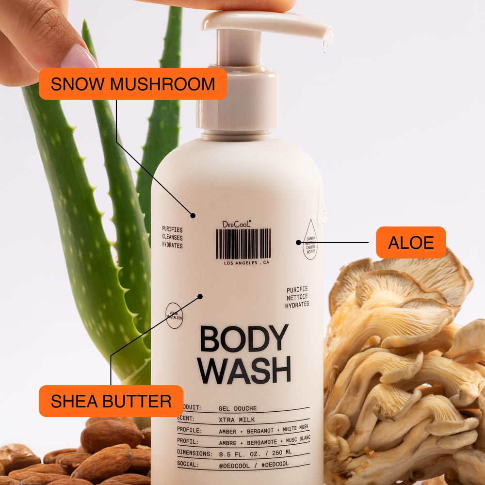 Snow mushroom infusion on label signaling moisture and balance