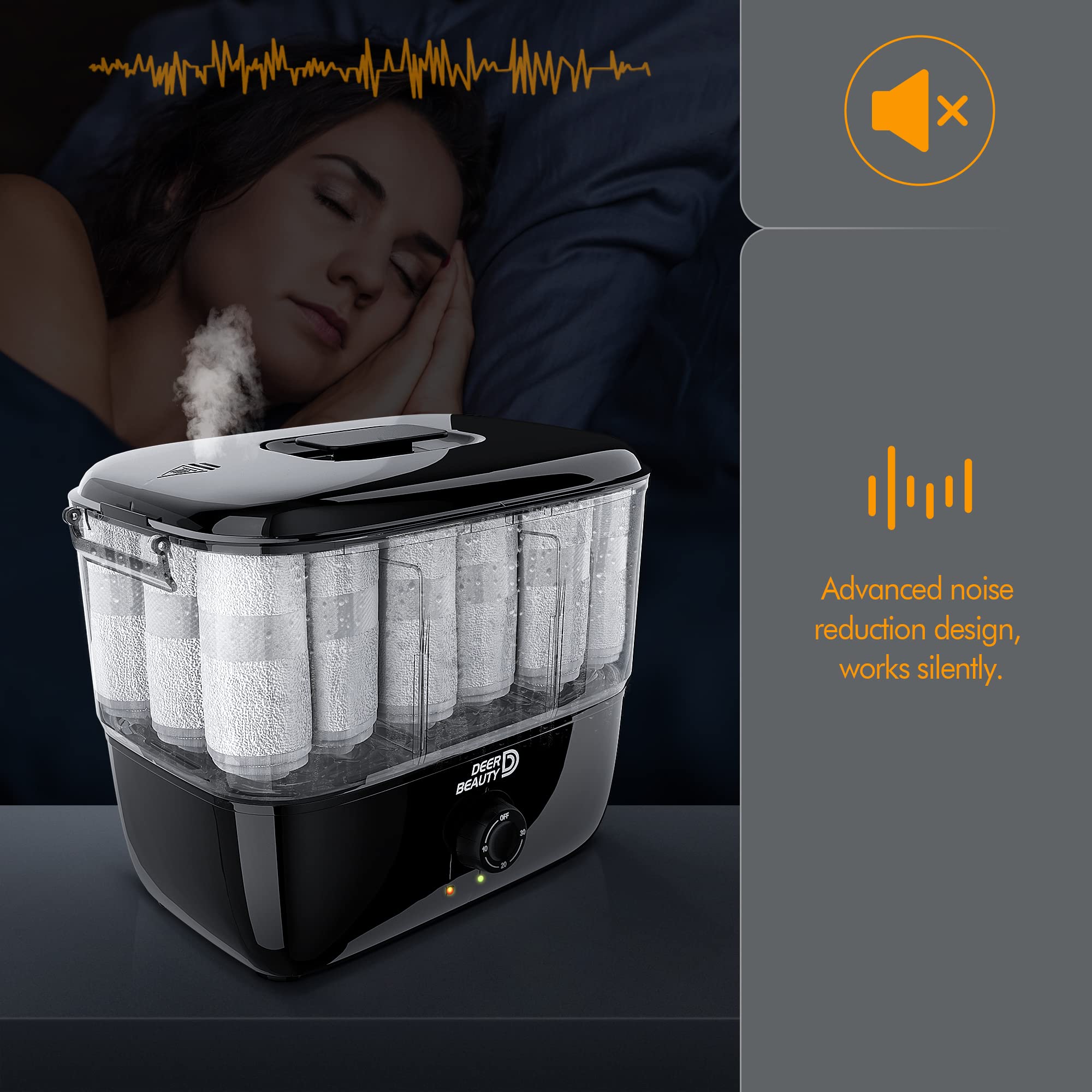 DEER BEAUTY towel steamer front dial controls show easy operation.