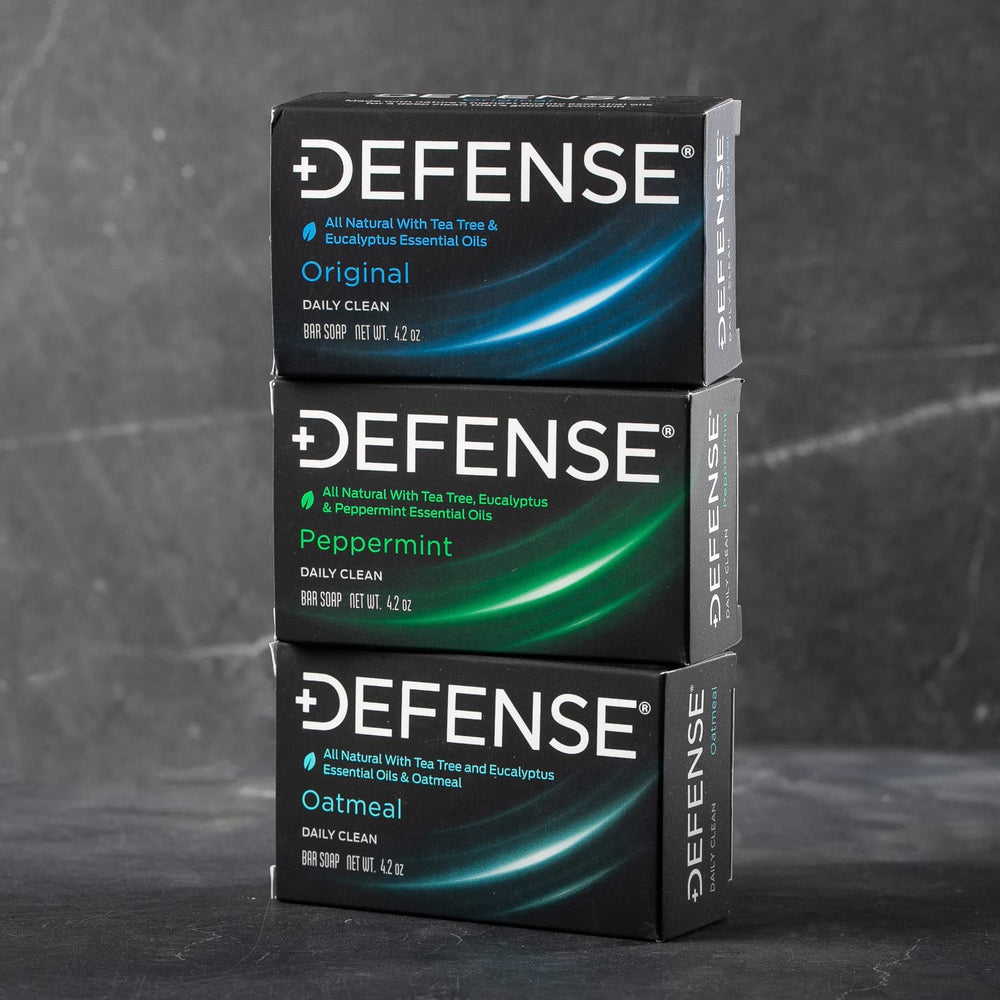 Defense Soap barra árbol de té avena, textura suave para piel sensible.