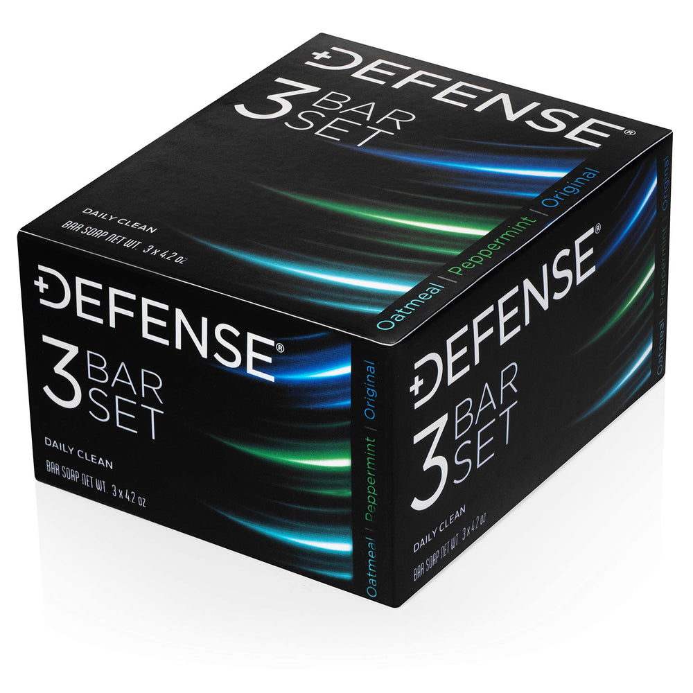 Defense Soap barra menta close-up, etiqueta natural y aroma renovador.