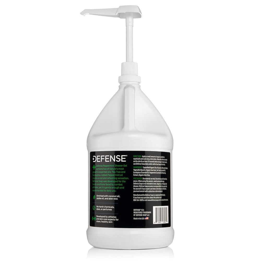 Defense Soap Peppermint Body Wash on a bathroom shelf ready for daily use.