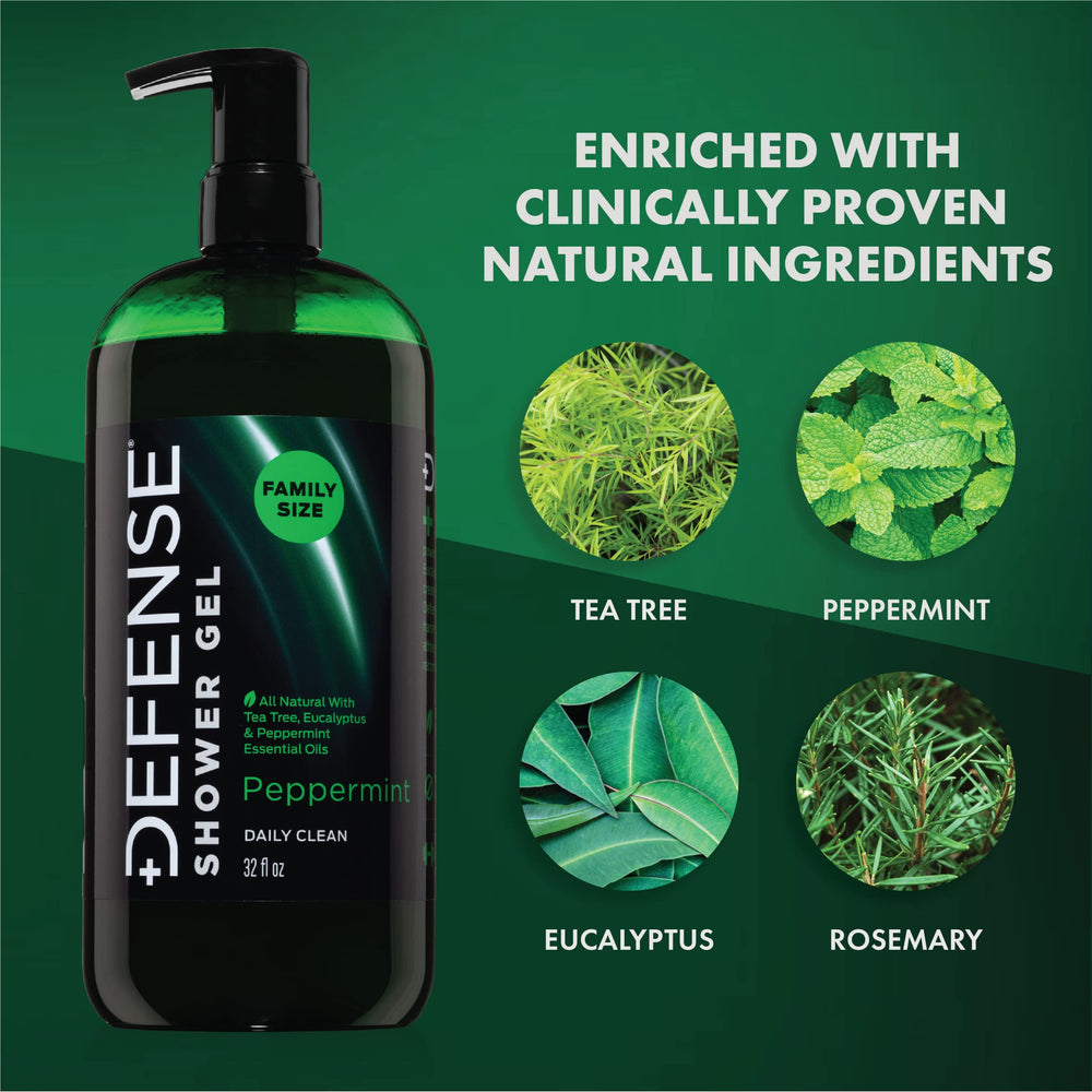 Defense Soap Peppermint Tea Tree Body Wash pour bottle demonstrating easy dispense for post-workout refreshment.