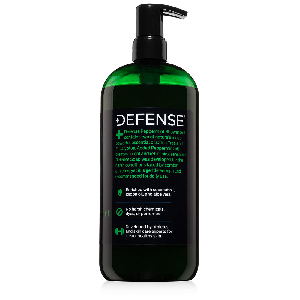 Defense Soap Peppermint Tea Tree Body Wash ingredients label emphasizes tea tree and peppermint oils.