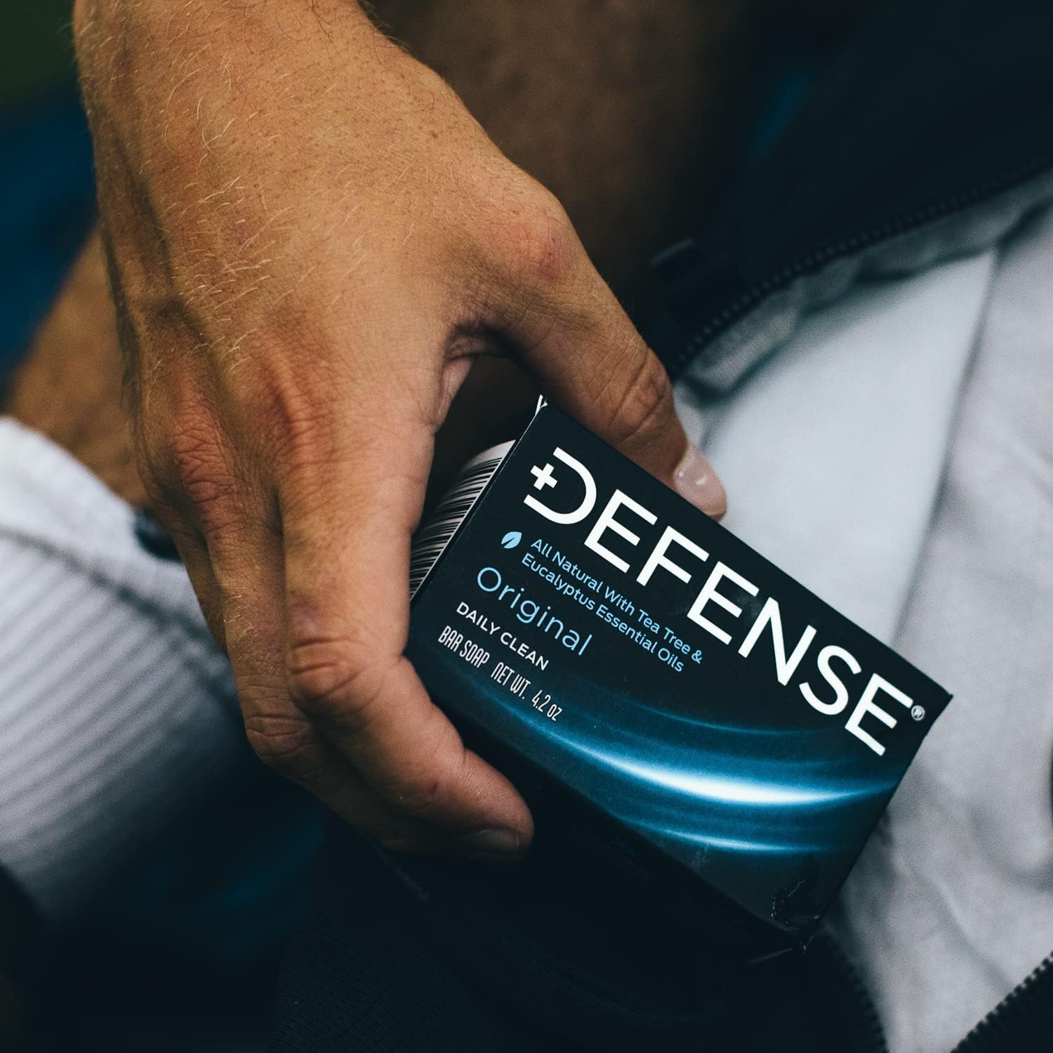 Defense Soap tea tree bar label conveys natural ingredients and purity